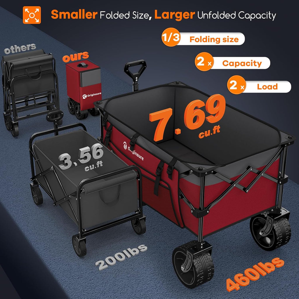 Originsure 220L Collapsible Wagon Cart Foldable, 460lbs Load Capacity Heavy Duty Folding Beach Wagons with Big All-Terrain Wheels, Utility Carts for Groceries, Camping, Sports - Grey&Burgundy