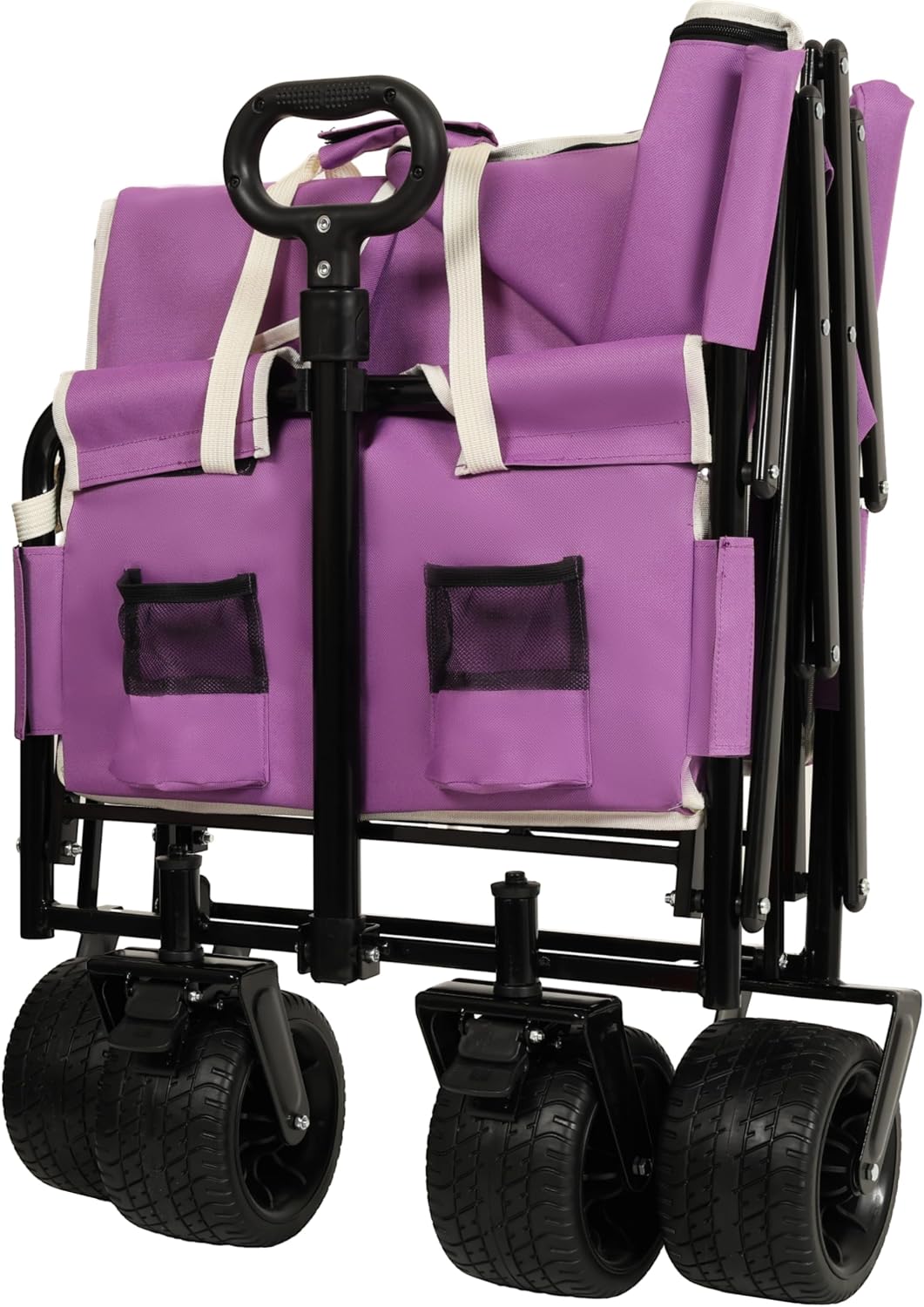 3-in-1 Heavy-Duty Convertible Folding Wagon Cart with Bench Seat & Storage – 500lb Capacity, 180L All-Terrain Wagon for Camping, Beach, Sports, & Garden – 360° Swivel Wheels (Purple)