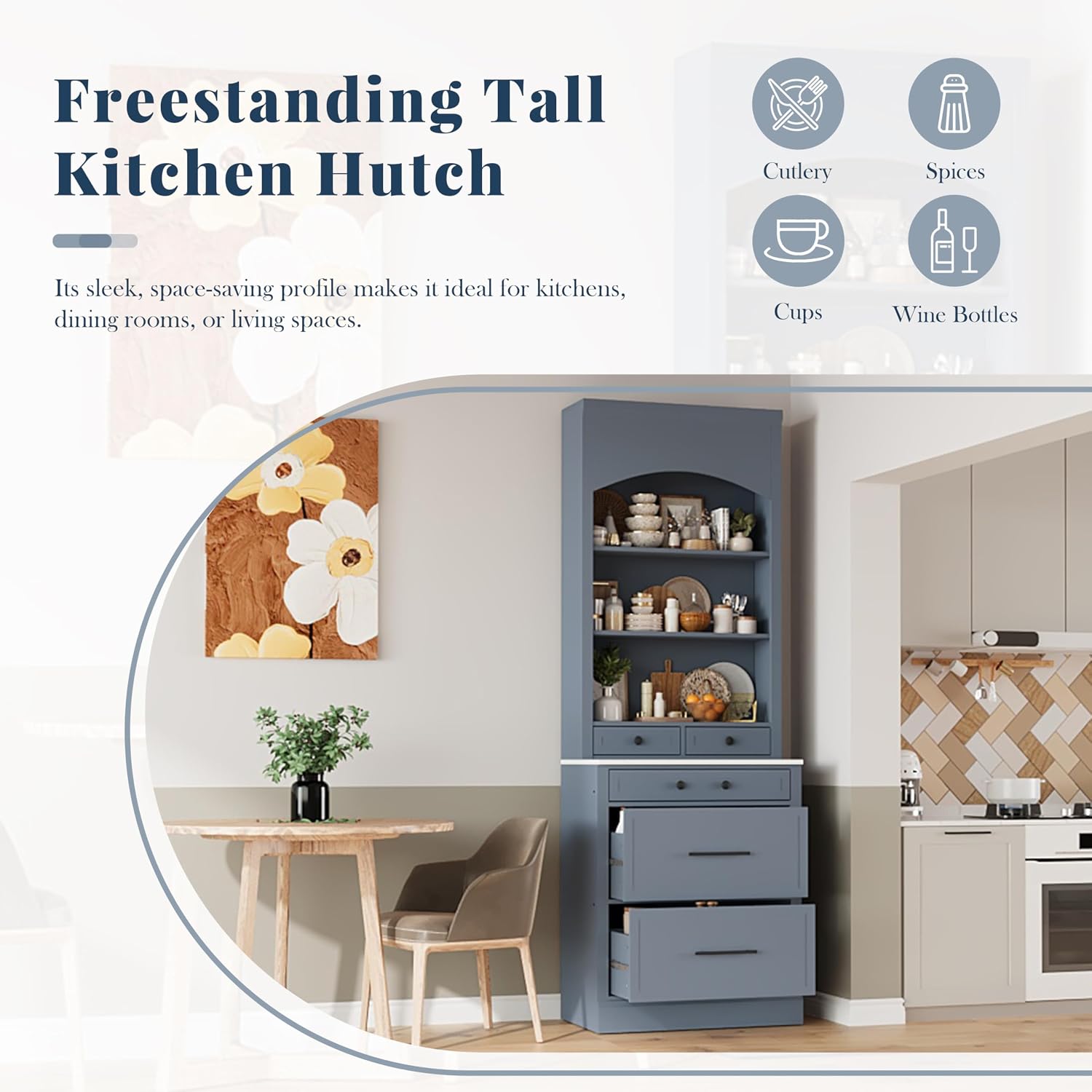 84' Modern Design Freestanding Storage Cabinet, Kitchen Storage Bakers Rack with Sturdy P2 MDF Frame, Utility Food Cupboard with 5 Storage Drawers for Kitchen/Dining Room/Living Space, Gray