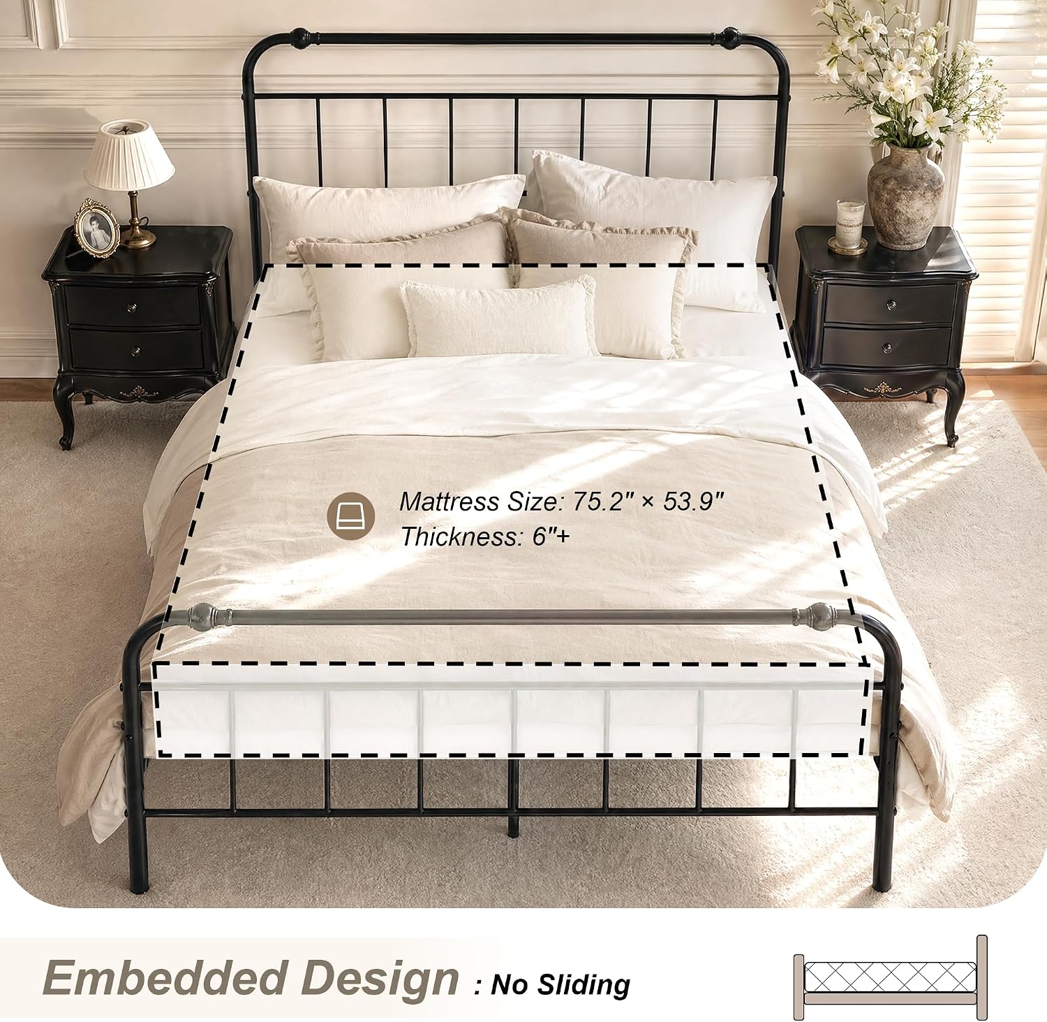 Full Size Metal Bed Frame, Vintage Iron-Art Headboard & Footboard, Heavy-Duty Iron Platform Bed (No Box Spring), Easy Assembly,Noise-Free Design, Matte Black