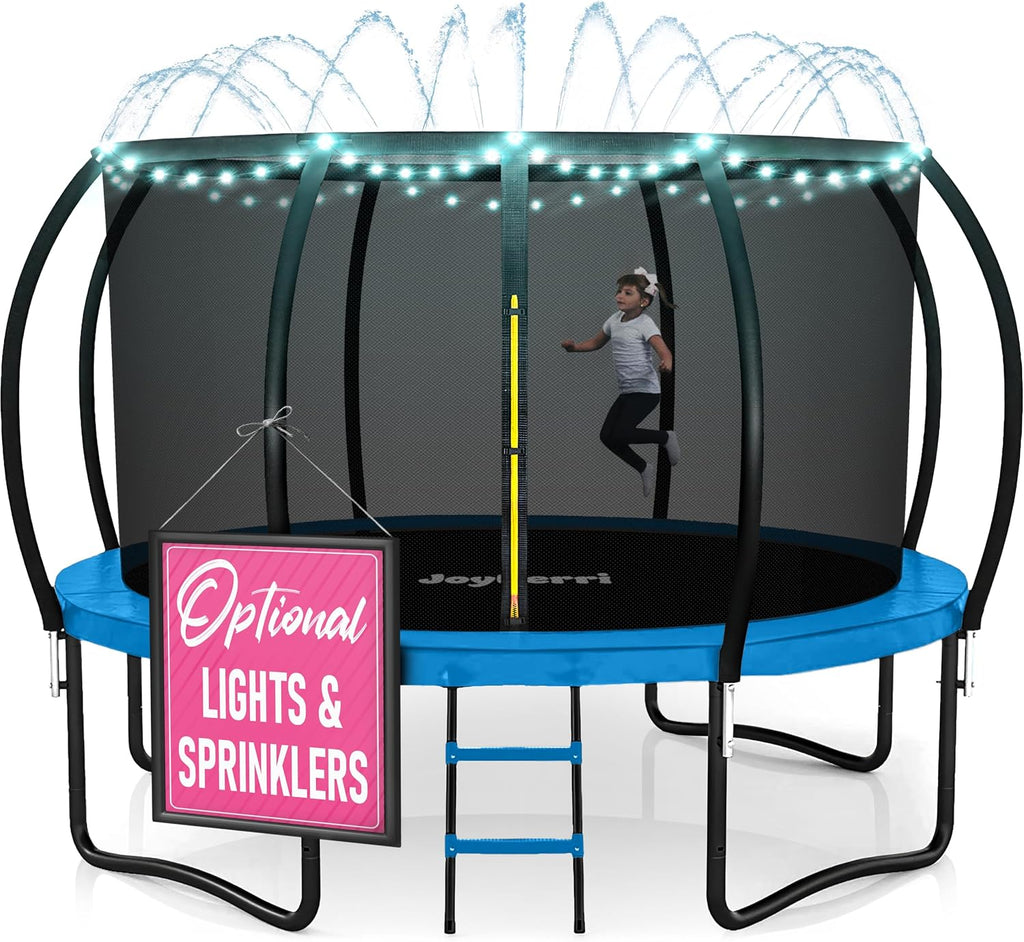 JoyBerri Trampoline Outdoor - Upsurge ASTM Certified Safe 8Ft 10Ft 12Ft 14Ft 15Ft 16Ft Recreational Trampoline for Kids and Adults. Anti-Rust Coating with Enclosure Net, Ladder, Sprinkler & LED Lights