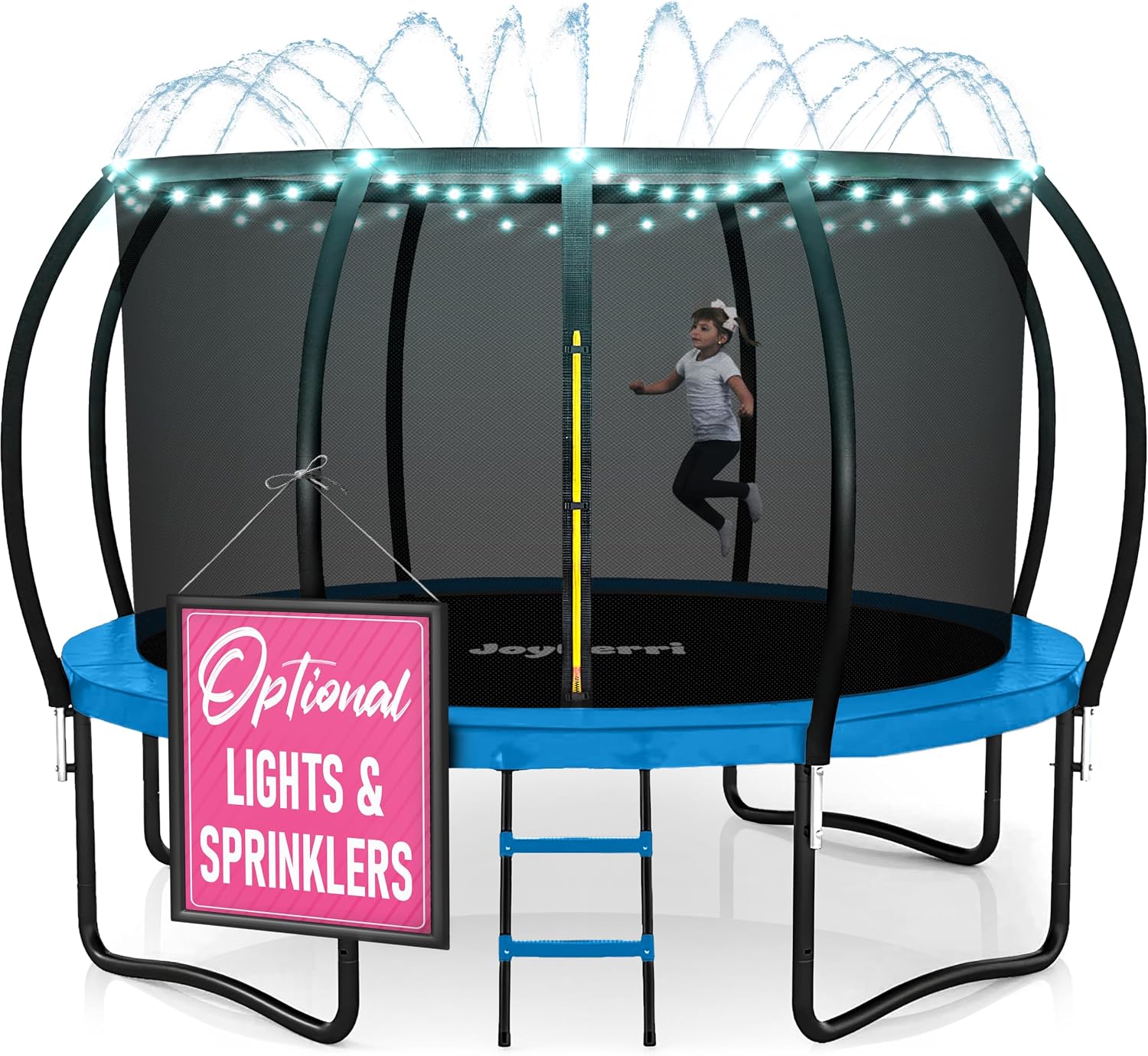 JoyBerri Trampoline Outdoor - Upsurge ASTM Certified Safe 8Ft 10Ft 12Ft 14Ft 15Ft 16Ft Recreational Trampoline for Kids and Adults. Anti-Rust Coating with Enclosure Net, Ladder, Sprinkler & LED Lights