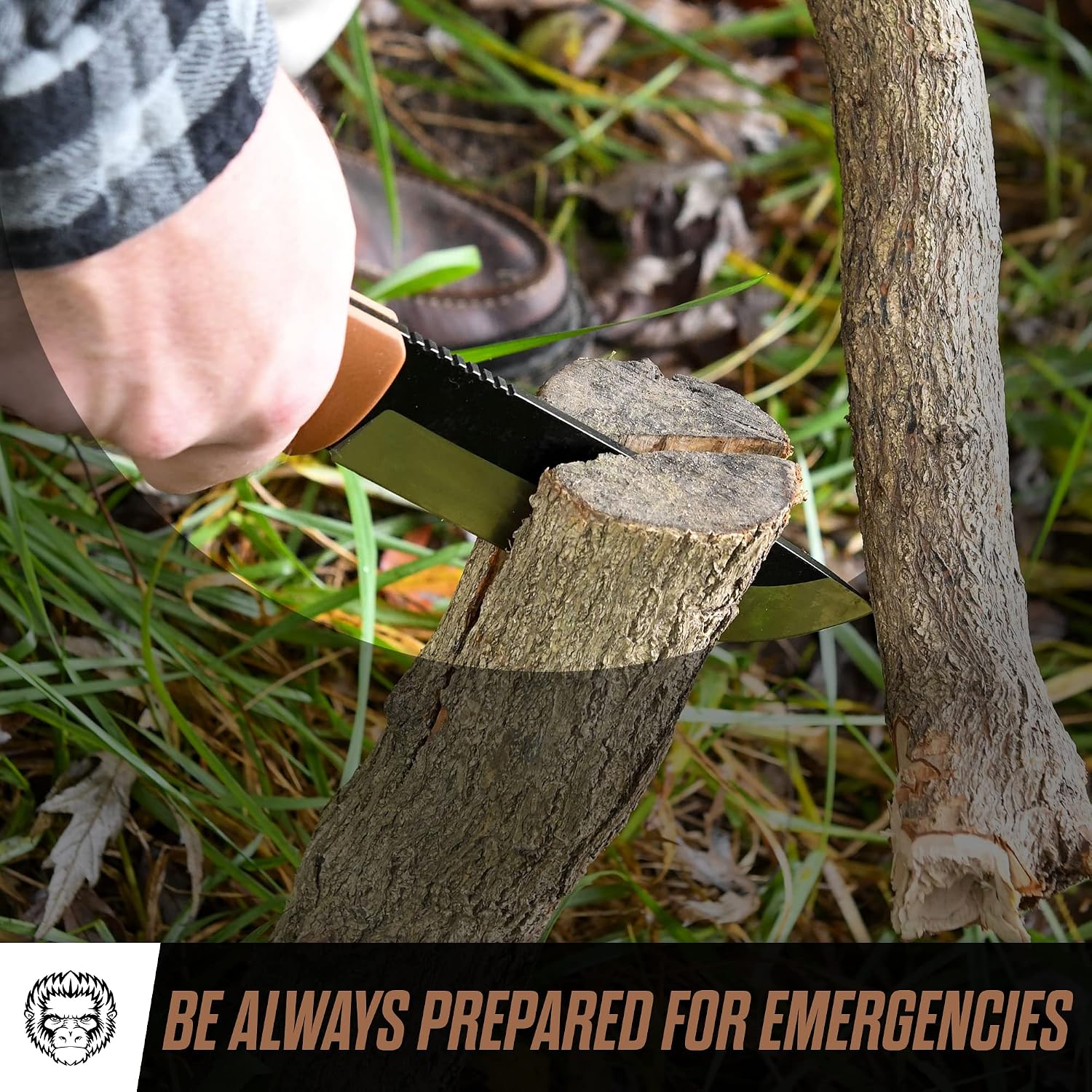 Holtzman's Gorilla Survival Bushwhacker Fixed Blade Knife with Fire Starter, G10 Scraper, and Paracord (Brown) - Ideal for Camping and Survival