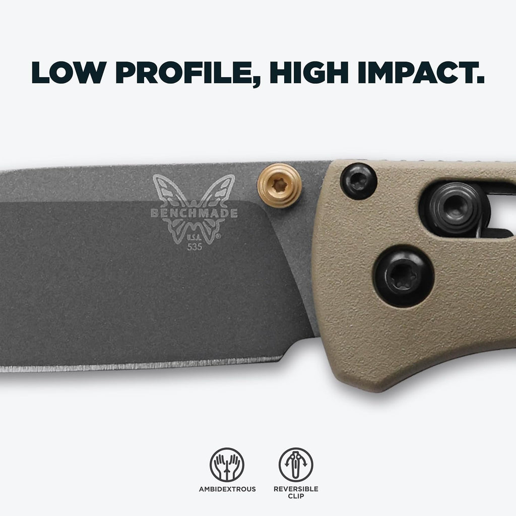 Benchmade - Bugout Outdoor EDC Folding Knife, Slim, Lightweight, Plain Edge, Drop-Point Blade, CPM-S30V Stainless Steel (58-60HRC), Grivory Handle (535GRY-1)