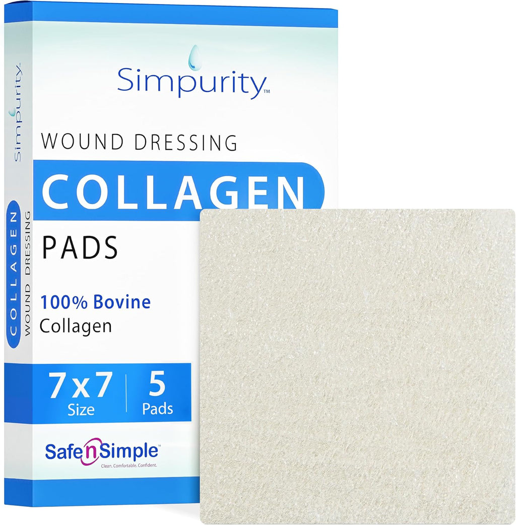 Collagen Dressing Pads - 7 x 7 in 5-Pack Collagen Pads for Wounds - Non-Adherent Collagen Dressing for Wound Care - Safe n' Simple Wound Care Supplies