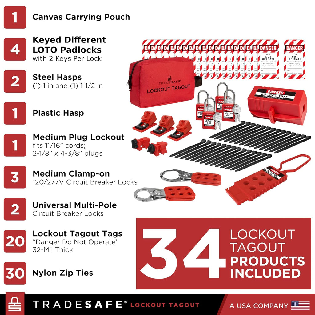 TRADESAFE Electrical Lockout Tagout Kit & Lockout Locks Bundle - Hasps, Clamp on and Universal Multipole Circuit Breaker Lockouts, Loto Tags, Plug Lockout, Loto Locks Set, 2 Keys Per Lock