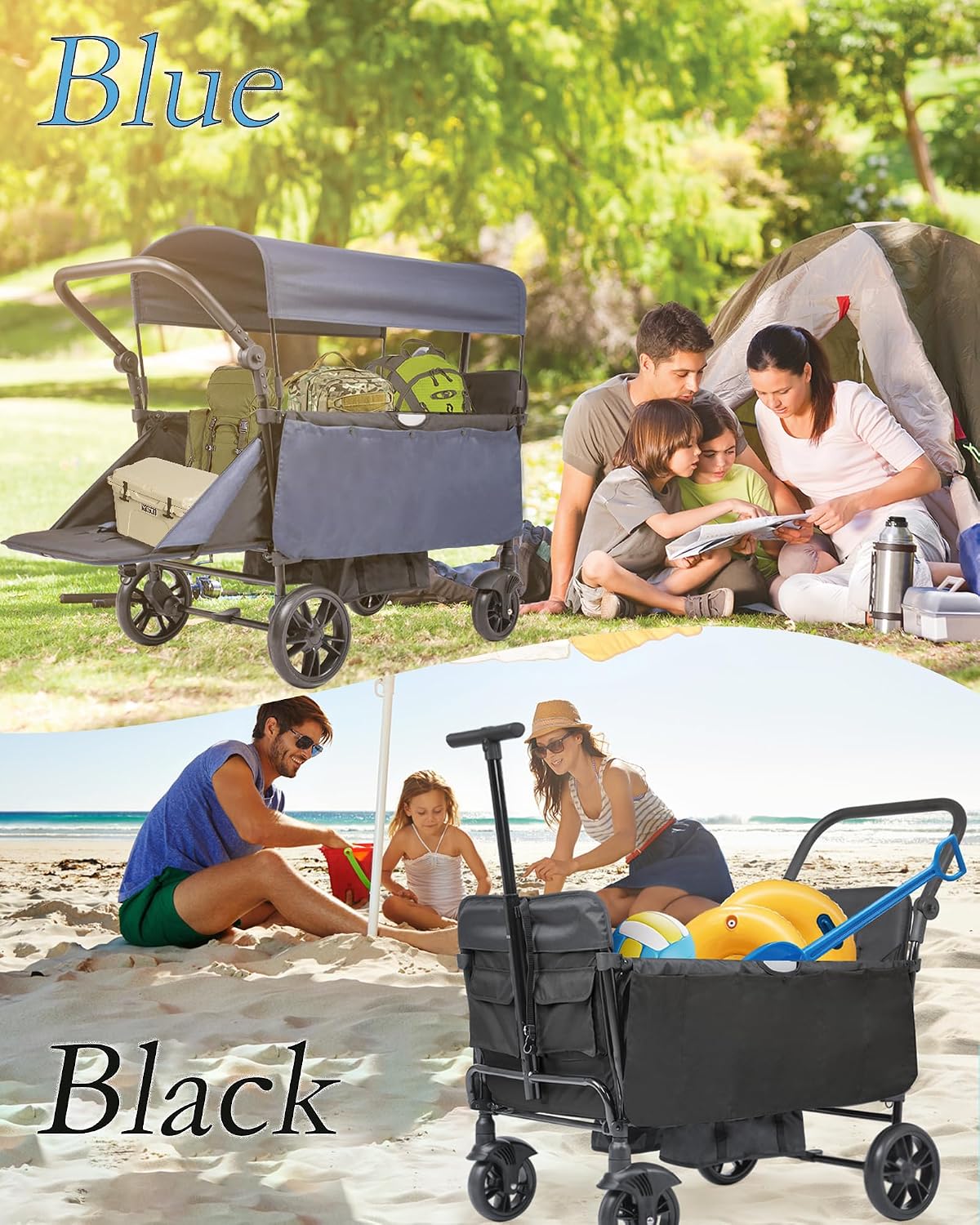 Collapsible Wagon with Canopy and Large Wheels - All-Terrain Heavy Duty Folding Cart for Sports, Shopping, Camping - 400L Capacity, Adjustable Handle, 2 Child Restraints, Blue