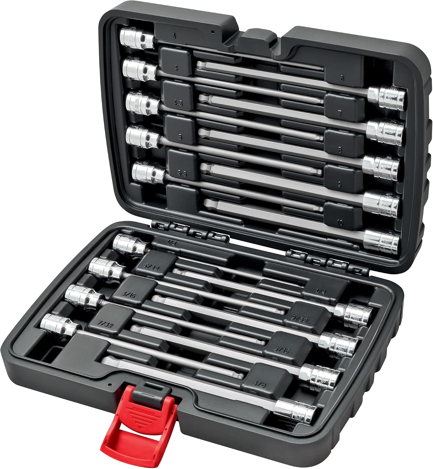 CARBYNE 18-Piece Extra Long Ball End Hex (Allen) Bit Socket Set, Metric and SAE, S2 Steel Bits, 3/8 in. Drive, 6.1 in. Overall Length, Zinc Phosphate Finish, Durable Storage Case