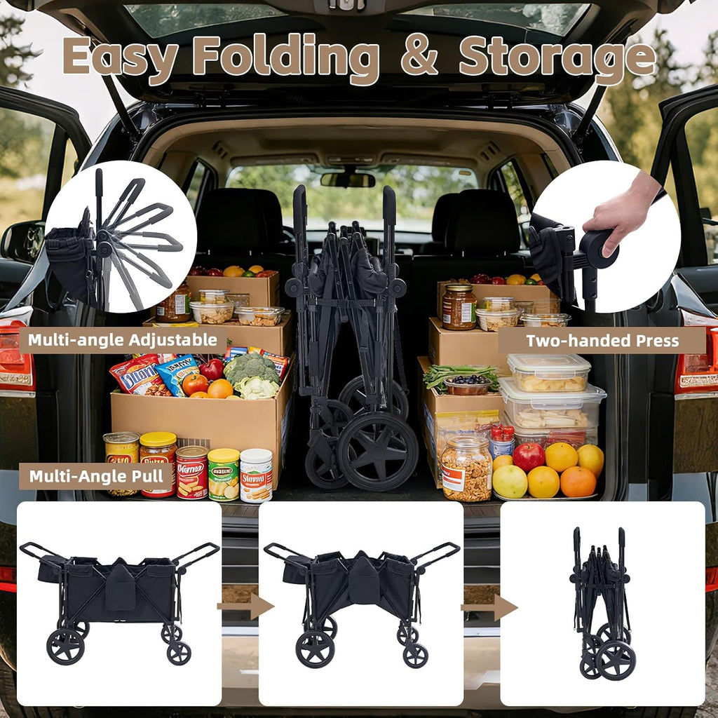 Stroller Wagon for 4 Kids, 4 Seater Wagon Stroller with Convertible Seats Footrests, Snack Tray, Storage Bag, Removable Canopy, Wagon Stroller 4 Seater with Double Push Handle (Black-Convertible)