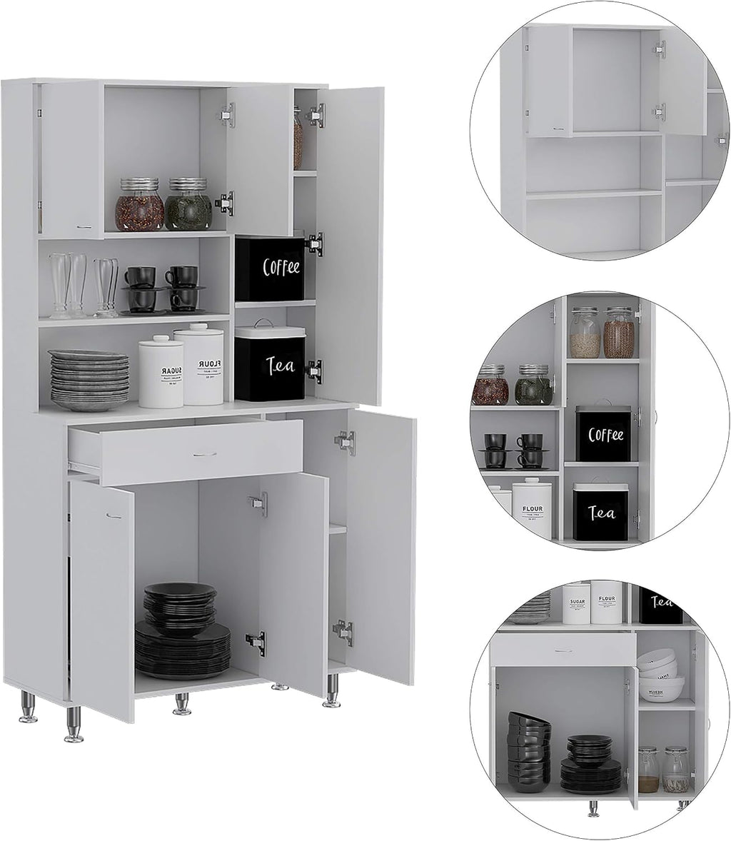 66' 10 Shelves & 1 Drawer Freestanding Storage Cabinet, Kitchen Storage Bakers Rack with 6 Covered Doors, Utility Food Cupboard for Home Kitchen Areas, White