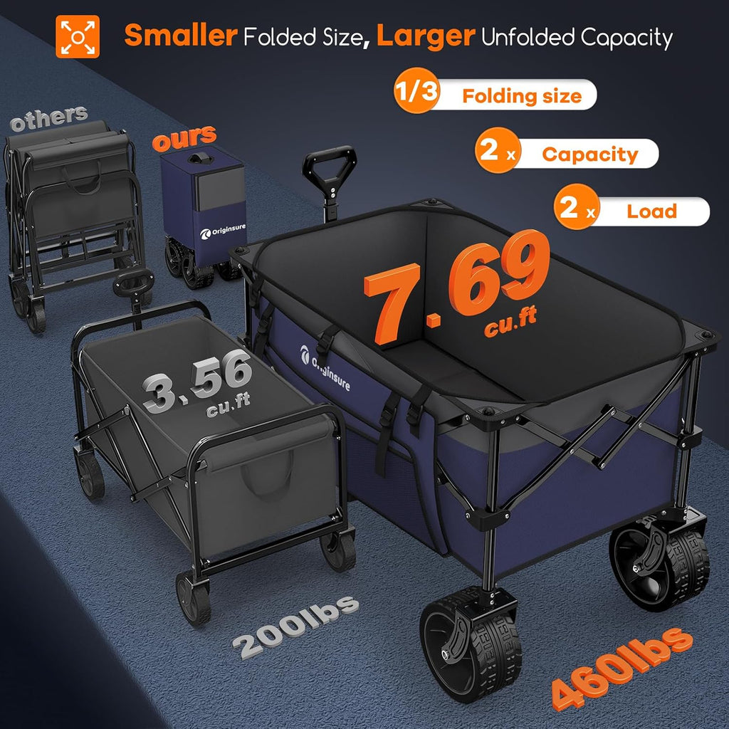 Originsure 220L Collapsible Wagon Cart Foldable, 460lbs Load Capacity Heavy Duty Folding Beach Wagons with Big All-Terrain Wheels, Utility Carts for Groceries, Camping, Sports - Grey&Purple
