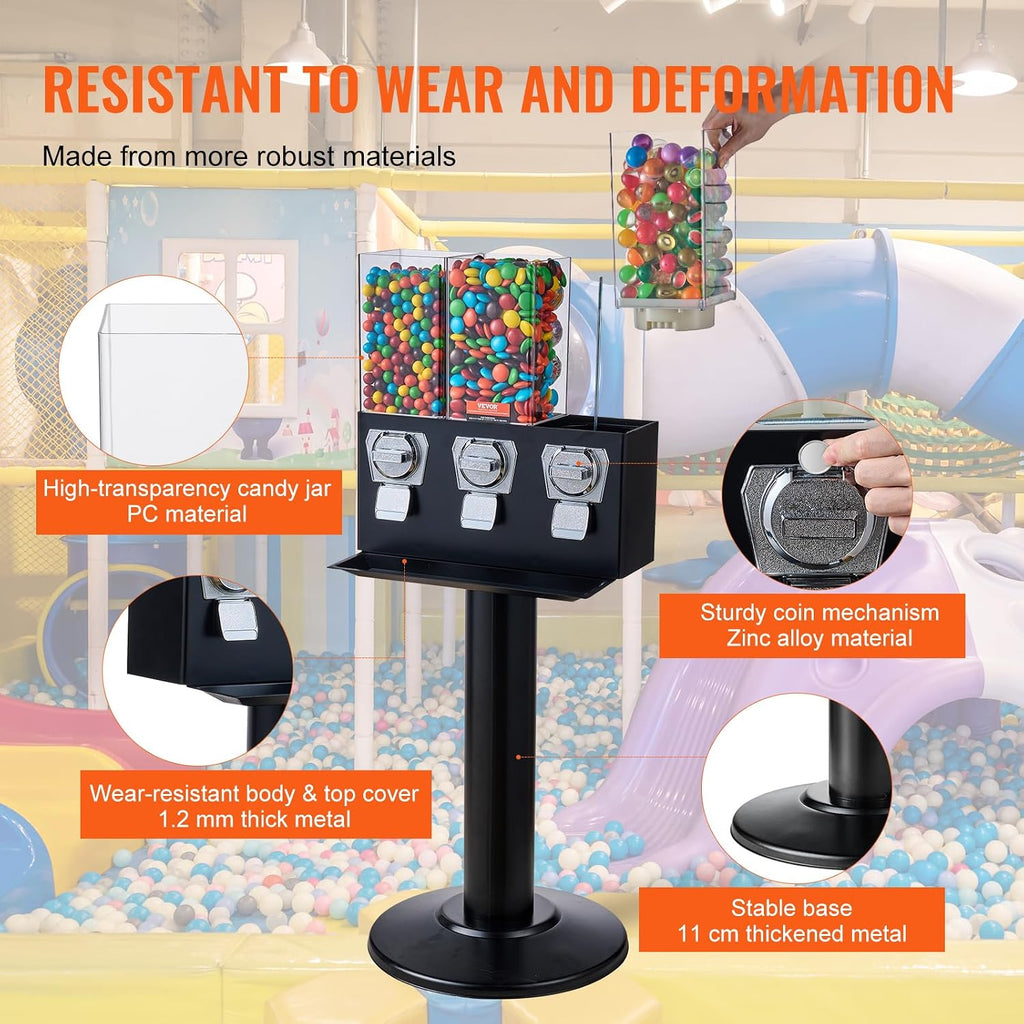 VEVOR Commercial Vending Machine, Triple Compartment Candy Dispenser with Iron Stand, Gumball and Candy Machine for Business, Coin Operated Gumball Bank for Toy Capsules Bouncy Balls Candy Nut, Black