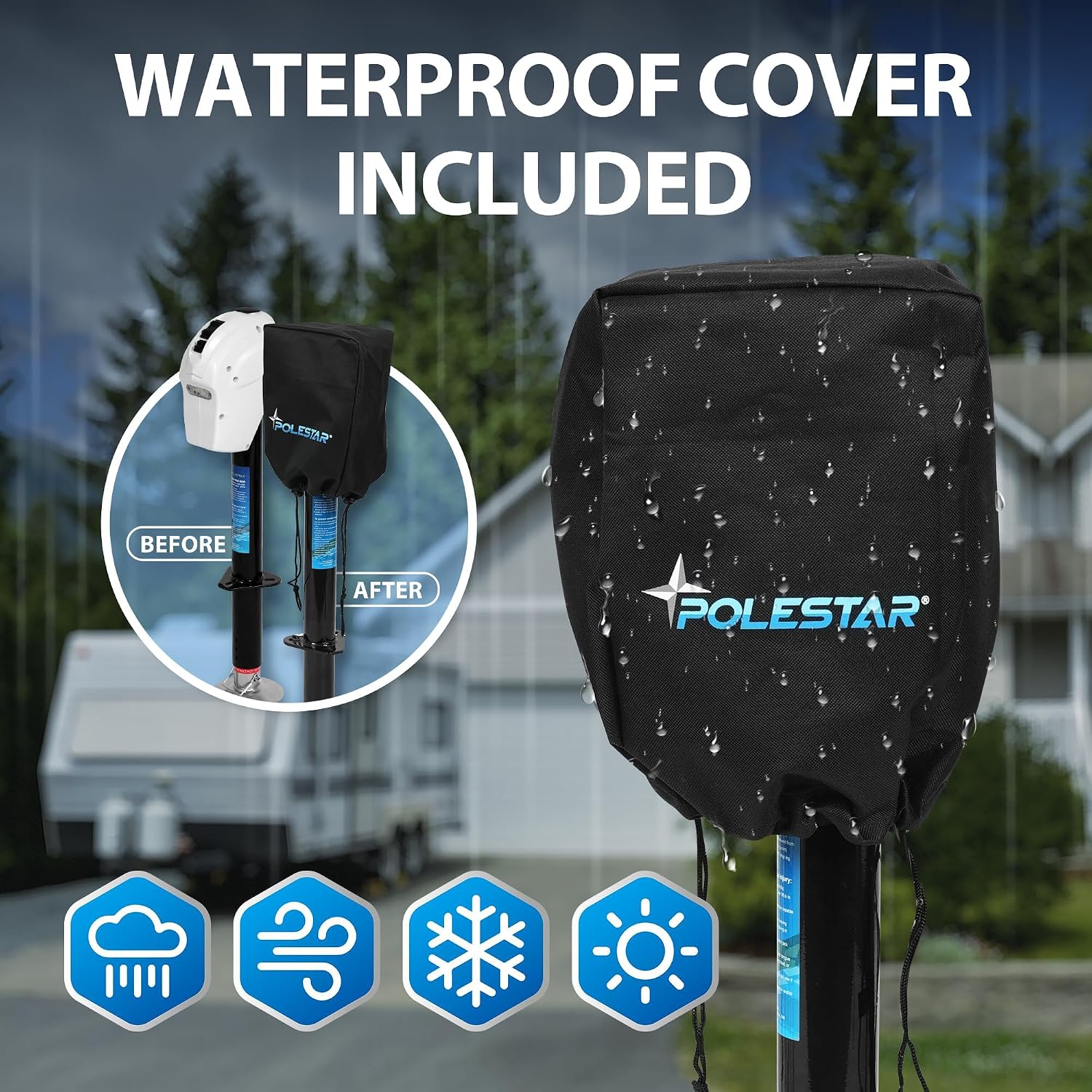 POLESTAR Electric Trailer Jack 5000lbs, A-Frame RV Electric Power Tongue Jack with Waterproof Protective Cover & LED Light, Electric Jacks for Travel Trailers Camper, RV, 12V DC, White, 22.5' Lift