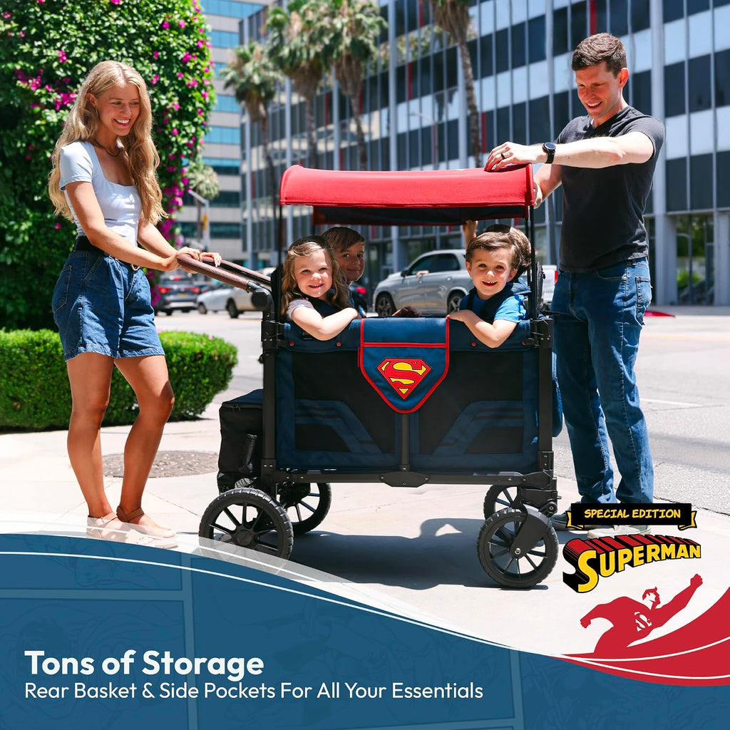 WONDERFOLD W4 Elite Pro Special Edition Superman Stroller Wagon (4 Seater) - Collapsible Wagon Stroller with Seats with 5-Point Harnesses, Easy Access Zipper Door, and Removable Sun Canopy