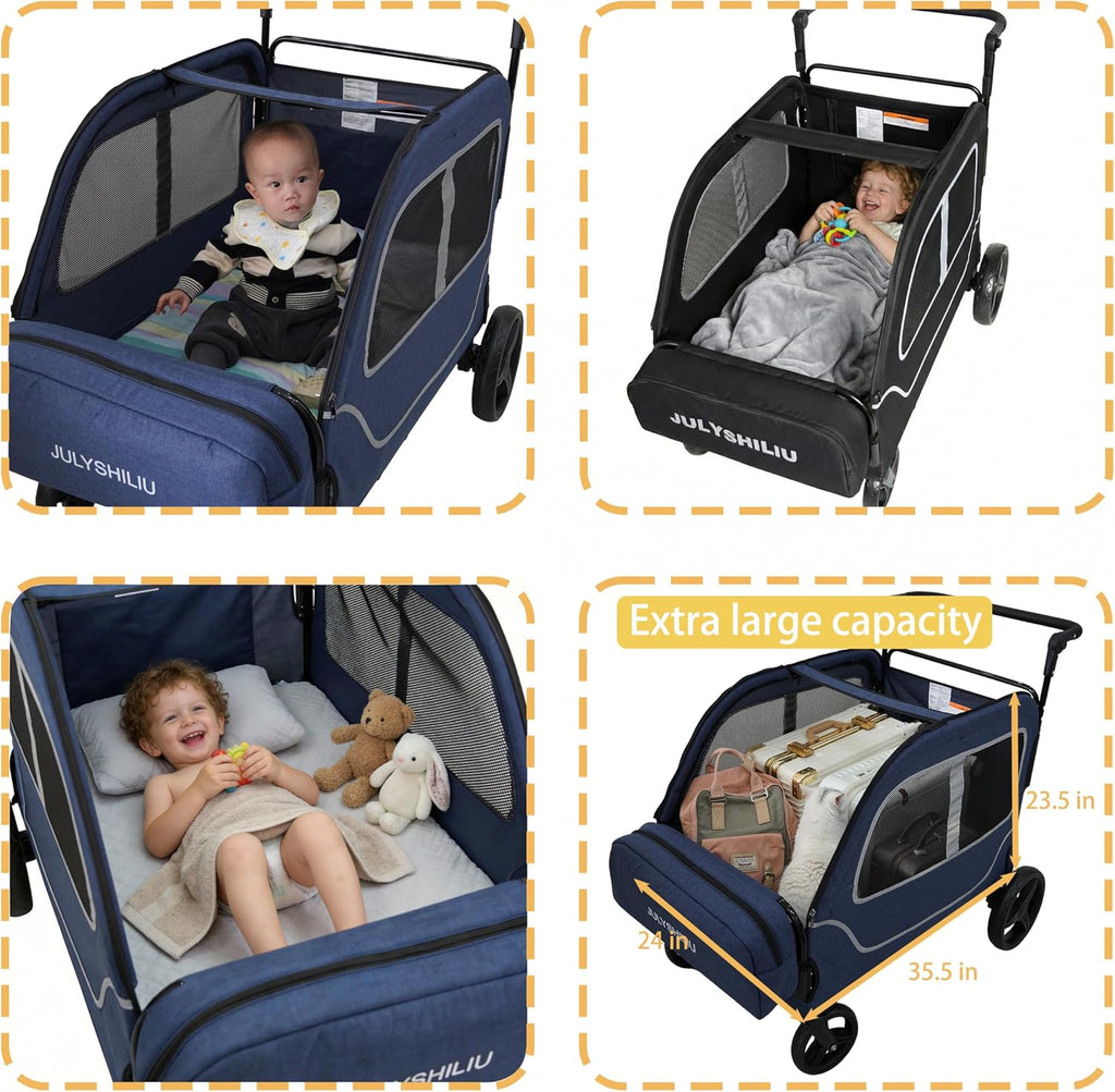 Car-Shaped Large 4 Seater Stroller Wagon for 2 3 Kids Toddler Child Foldable All-Terrain Triple Quad Wagon with Removable Canopy, 5-Point Harness, Storage Bag Shopping Outdoor Blue