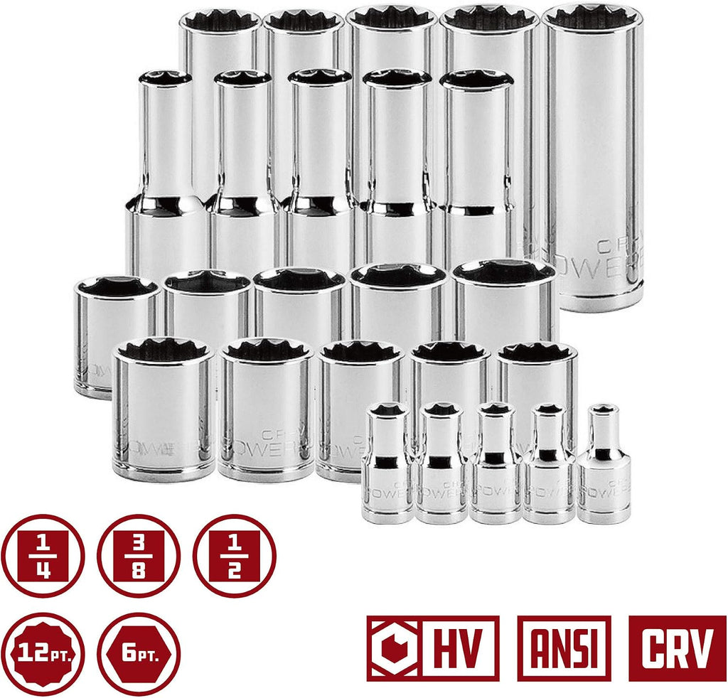 Powerbuilt 85 Piece Metric Master Socket Set, 1/4, 3/8, and 1/2 Inch Drive, 6 and 12 Point, Deep and Shallow Sockets, Storage Organizer - 949008