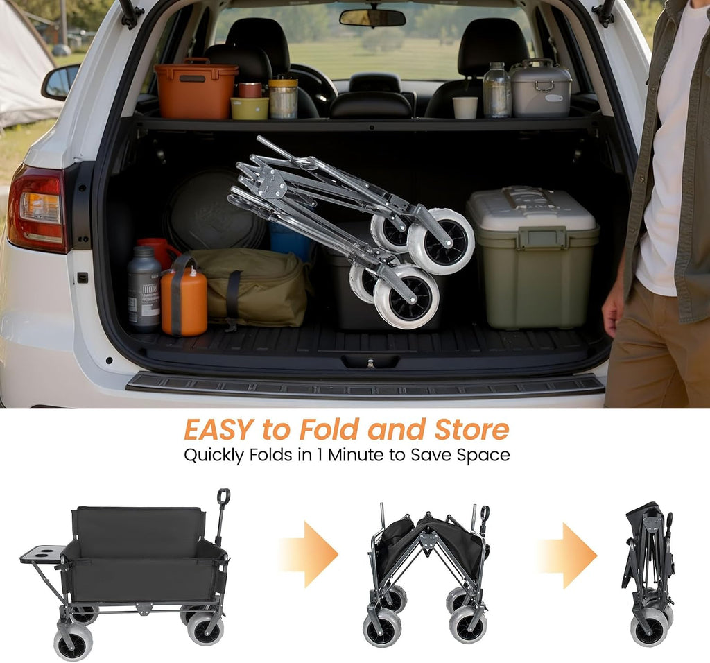 3-in-1 Folding Wagon with Seats and Table, All Terrain Beach Cart with Big Wheels for Sand, 500lbs Heavy Duty Collapsible Wagon for Camping Family Shopping (Black)