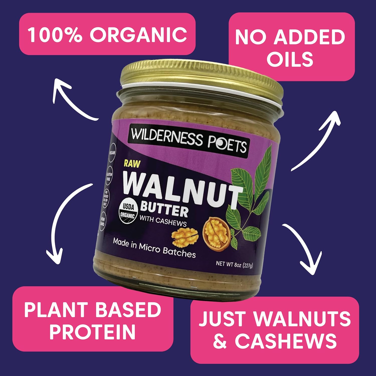 Wilderness Poets, Walnut Butter with Cashews - Organic, Raw, Bulk Size (7 Pound - 1 Gallon)