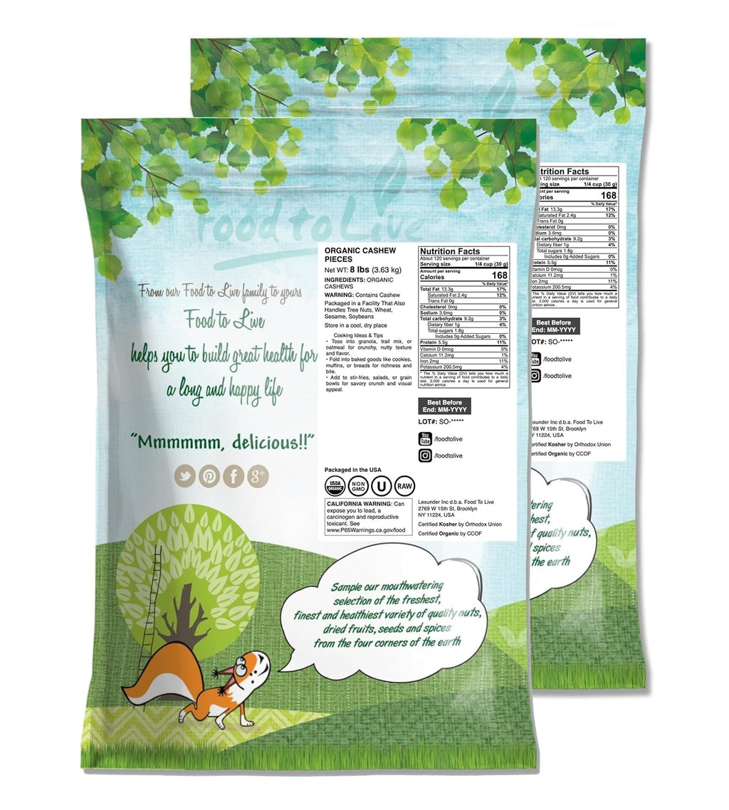 Food to Live Organic Cashew Pieces, 16 Pounds - Non-GMO, Kosher, Raw, Vegan, Unsalted, Unroasted, Bulk