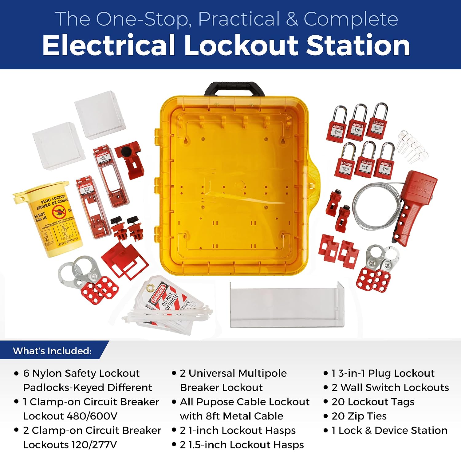 Brady Lockout Tagout Station with Loto Devices. 6 Keyed Different Safety Locks, 4 Hasps, Clamp On, Multipole Circuit Breaker Lockouts, Plug Lockout, Cable Lockout 20 Loto Tags. Safety Supply - 153685