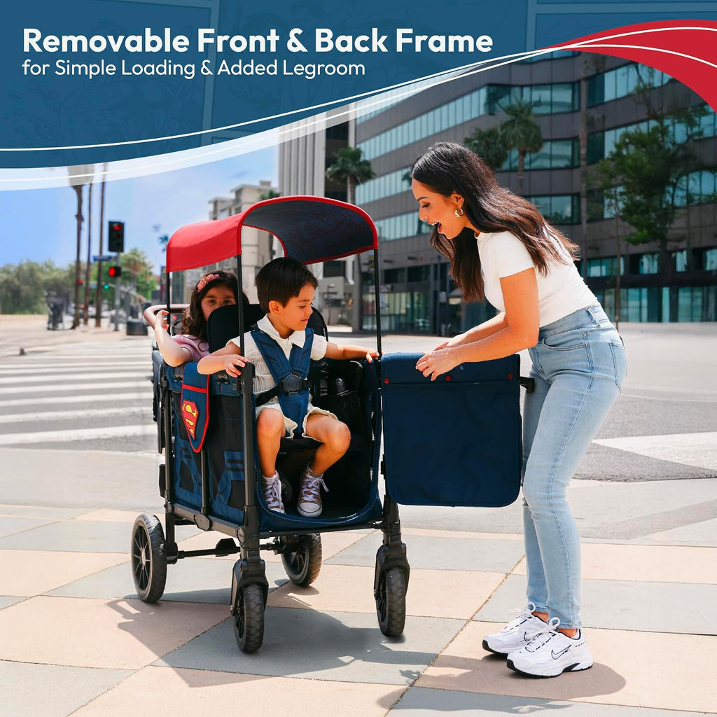 WONDERFOLD W4 Elite Pro Special Edition Superman Stroller Wagon (4 Seater) - Collapsible Wagon Stroller with Seats with 5-Point Harnesses, Easy Access Zipper Door, and Removable Sun Canopy