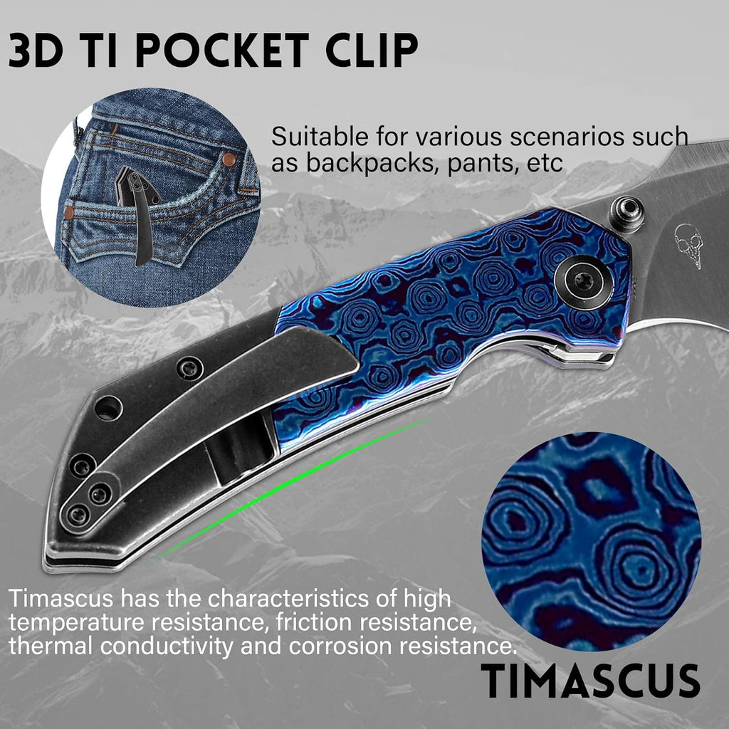 KANSEPT Fenrir Pocket Knife, 3.48' Satin CPM-S35VN Harpoon Blade, Blackwash Titanium Handle Timascus Inlay, Thumb Stud & Liner Lock with Deep Clip EDC Knives for Camping Hunting Survival K1034A7