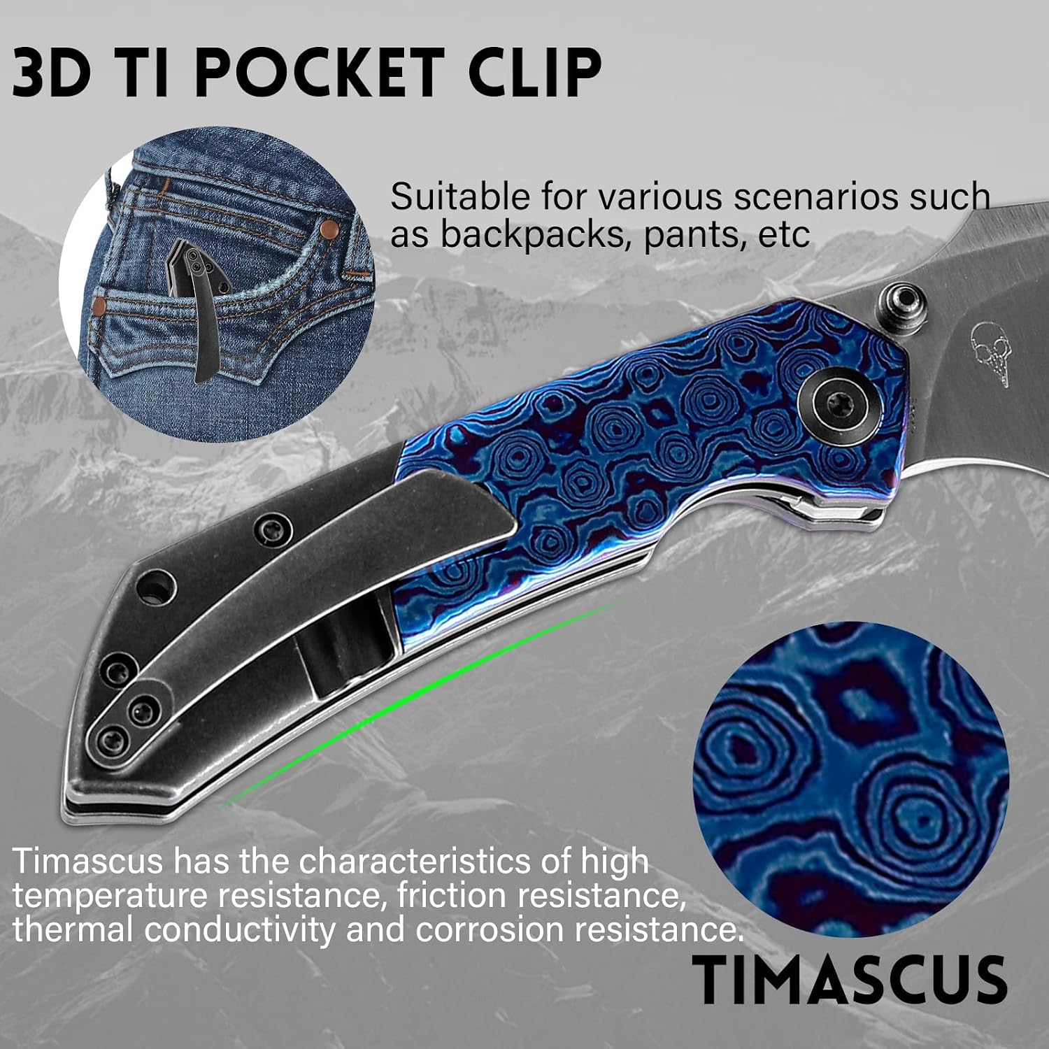 KANSEPT Fenrir Pocket Knife, 3.48' Satin CPM-S35VN Harpoon Blade, Blackwash Titanium Handle Timascus Inlay, Thumb Stud & Liner Lock with Deep Clip EDC Knives for Camping Hunting Survival K1034A7