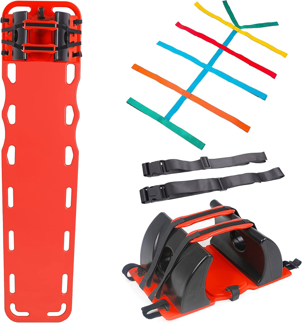 ARS Spine Board Stretcher, First Responder Medical Backboard Head Immobilizer Unit and Spider Straps, EMT Supplies and Equipment for Patient Transfer (Red)