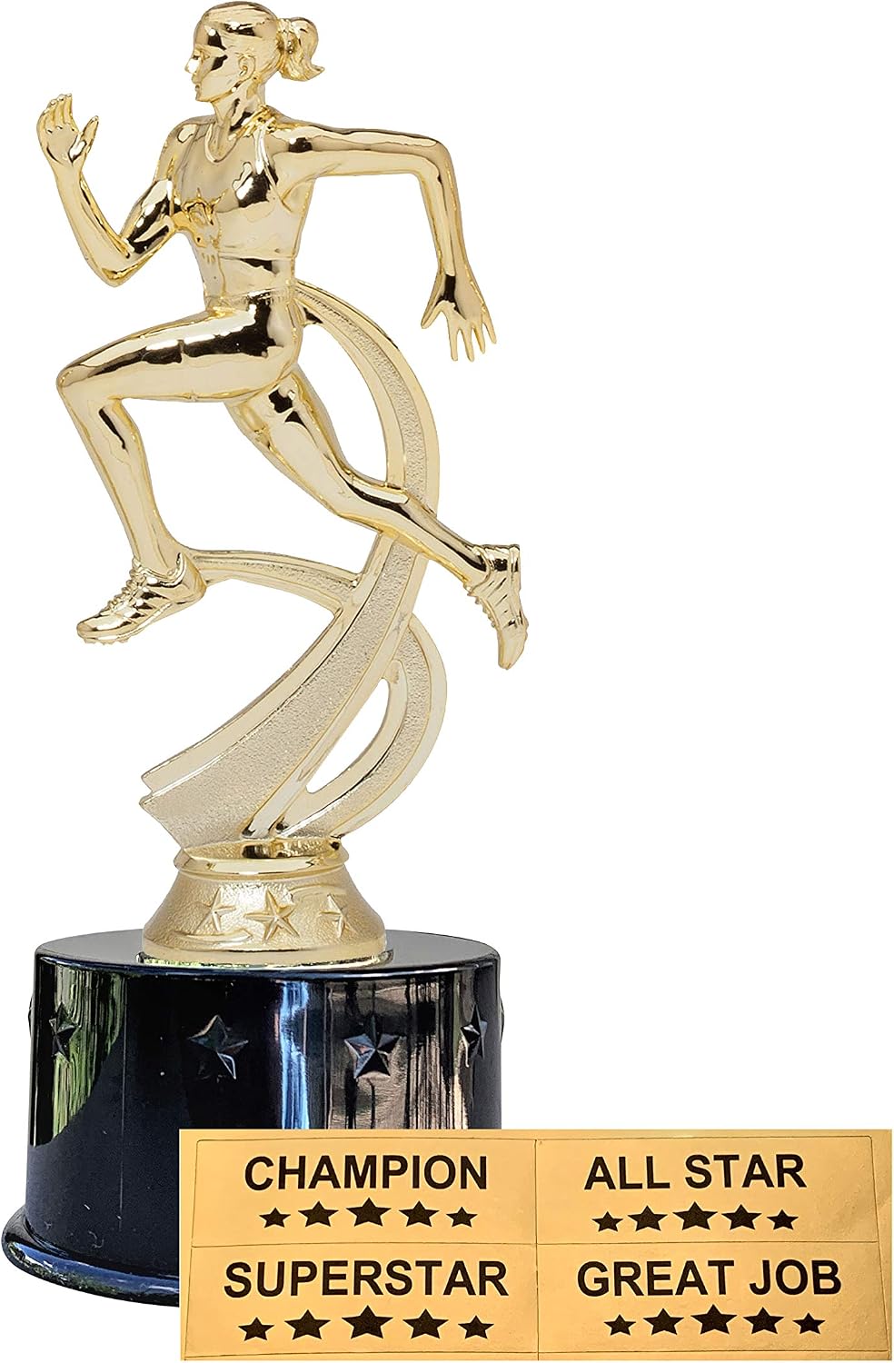 Express Medals Female Girls Track Award Trophy Party Favor Gift Prize Including 4 Gold Color Decals to Custom Personalize The Black Round Base