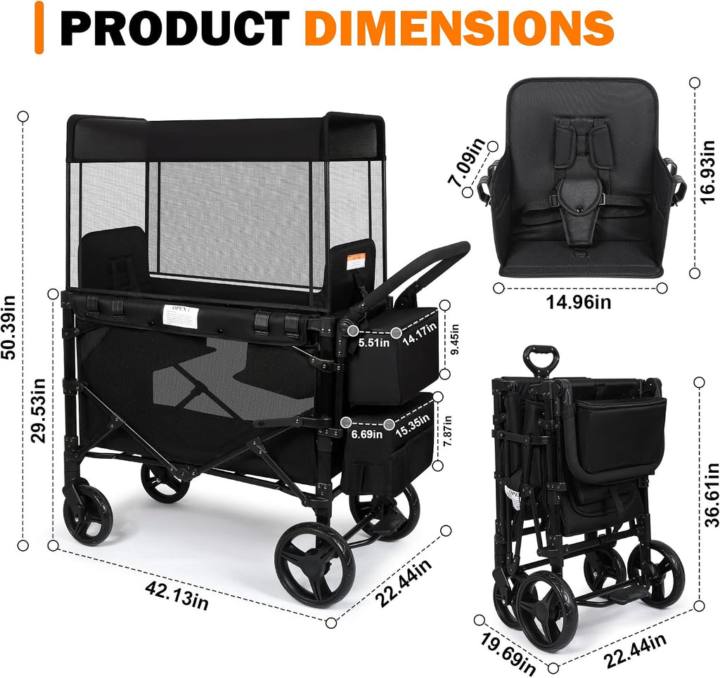 Wagon Stroller for 2 Kids, High Seat & 5 Point Harness, Foldable All-Terrain Wagon for Toddler with Canopy, Parent Organizer, Shoulder Bag, Adjustable Handlebar, Ultimate Double (Black, W2-M)
