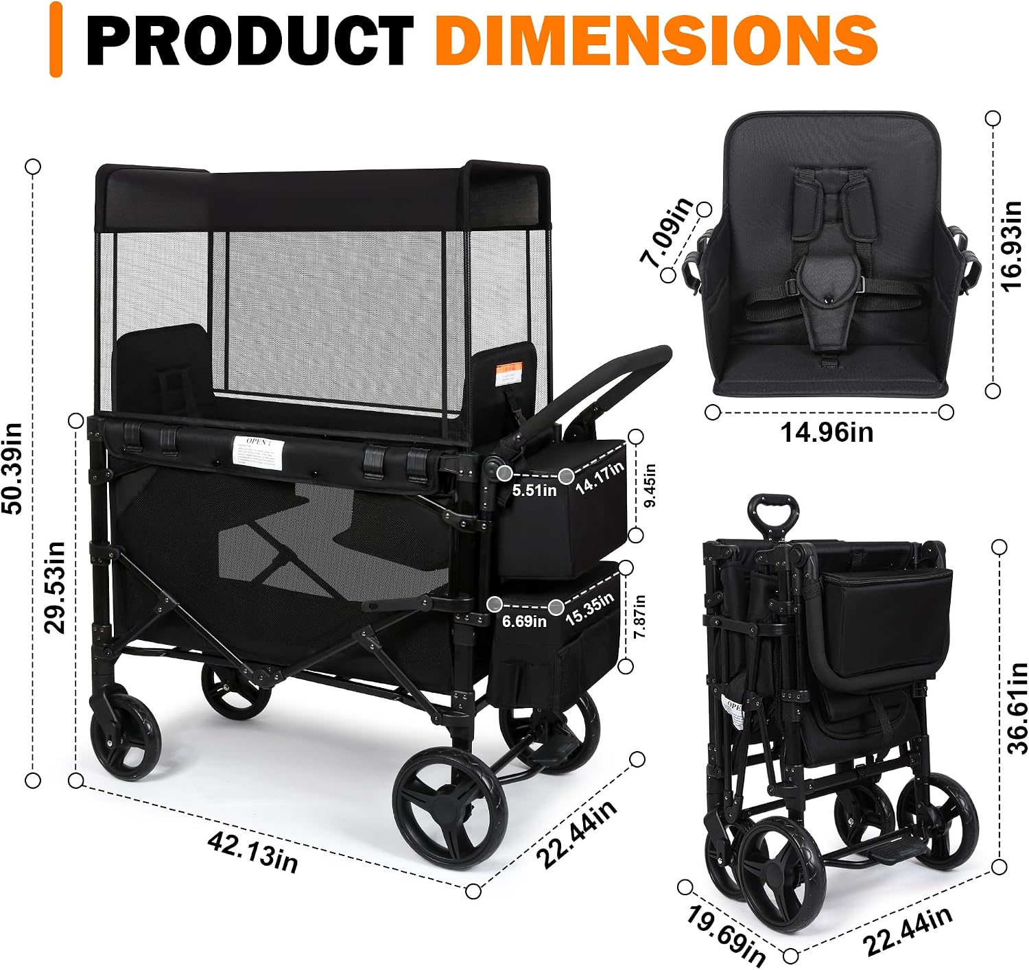 Wagon Stroller for 2 Kids, High Seat & 5 Point Harness, Foldable All-Terrain Wagon for Toddler with Canopy, Parent Organizer, Shoulder Bag, Adjustable Handlebar, Ultimate Double (Black, W2-M)