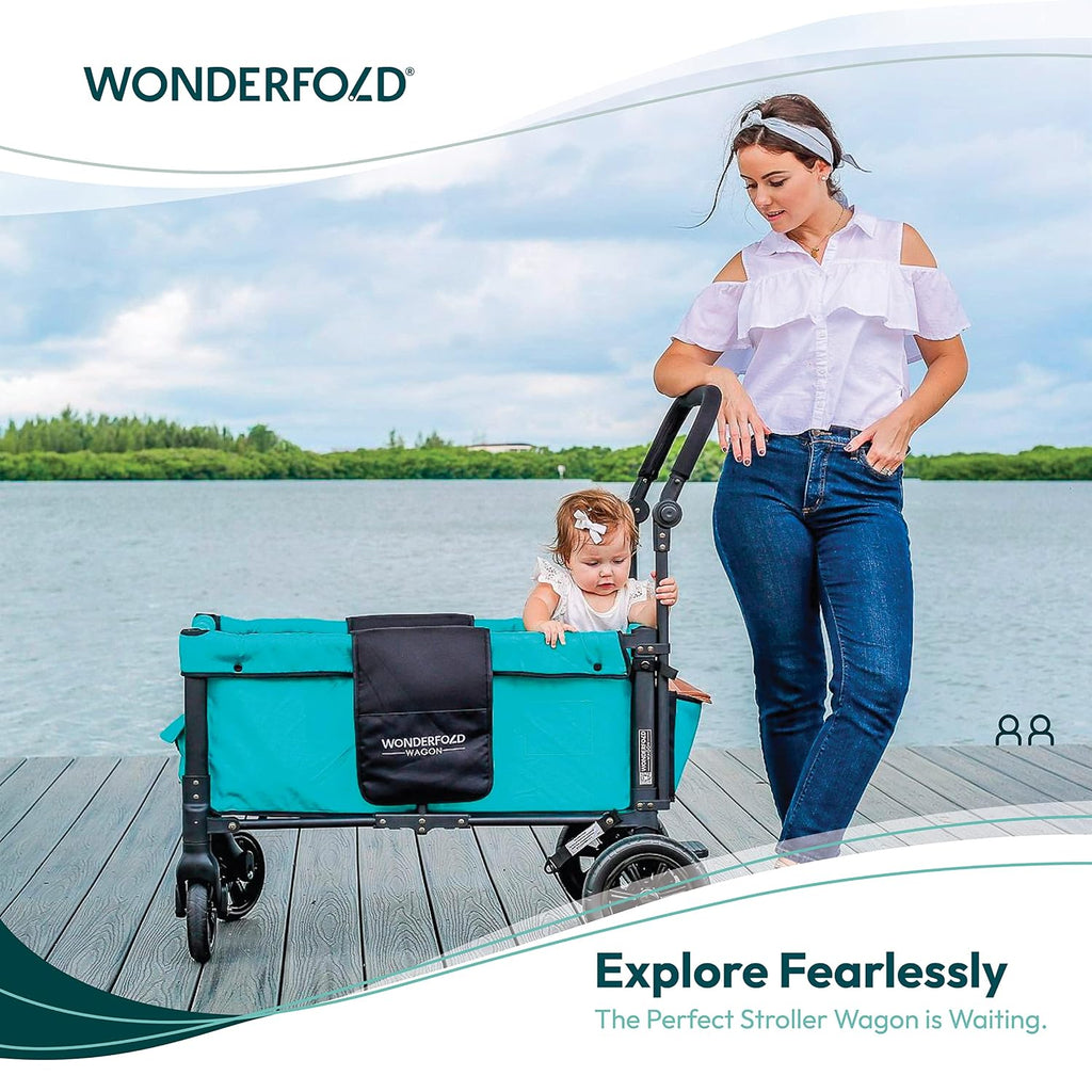 WONDERFOLD W1 Original Stroller Wagon (2 Seater) - Wagon Stroller with Seats with 5-Point Harnesses, Adjustable Push Handle, and Sun Canopy, Jet Black