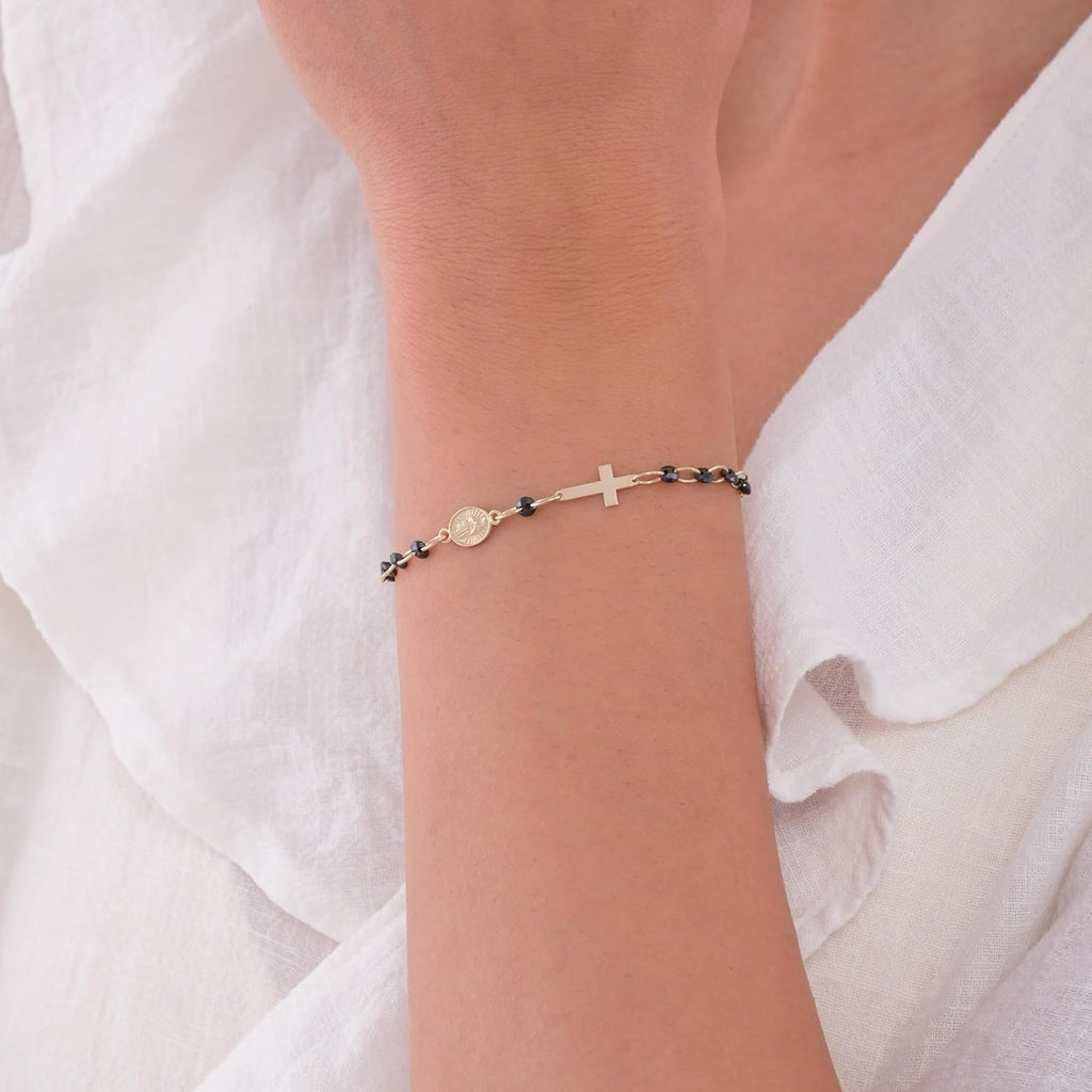 MIONZA 14K Solid Gold Rosary Sideways Cross Bracelet for Women, Adjustable Cross Bracelet, Religious Charm Catholic Jewelry, Christian Baptism Gift for Her