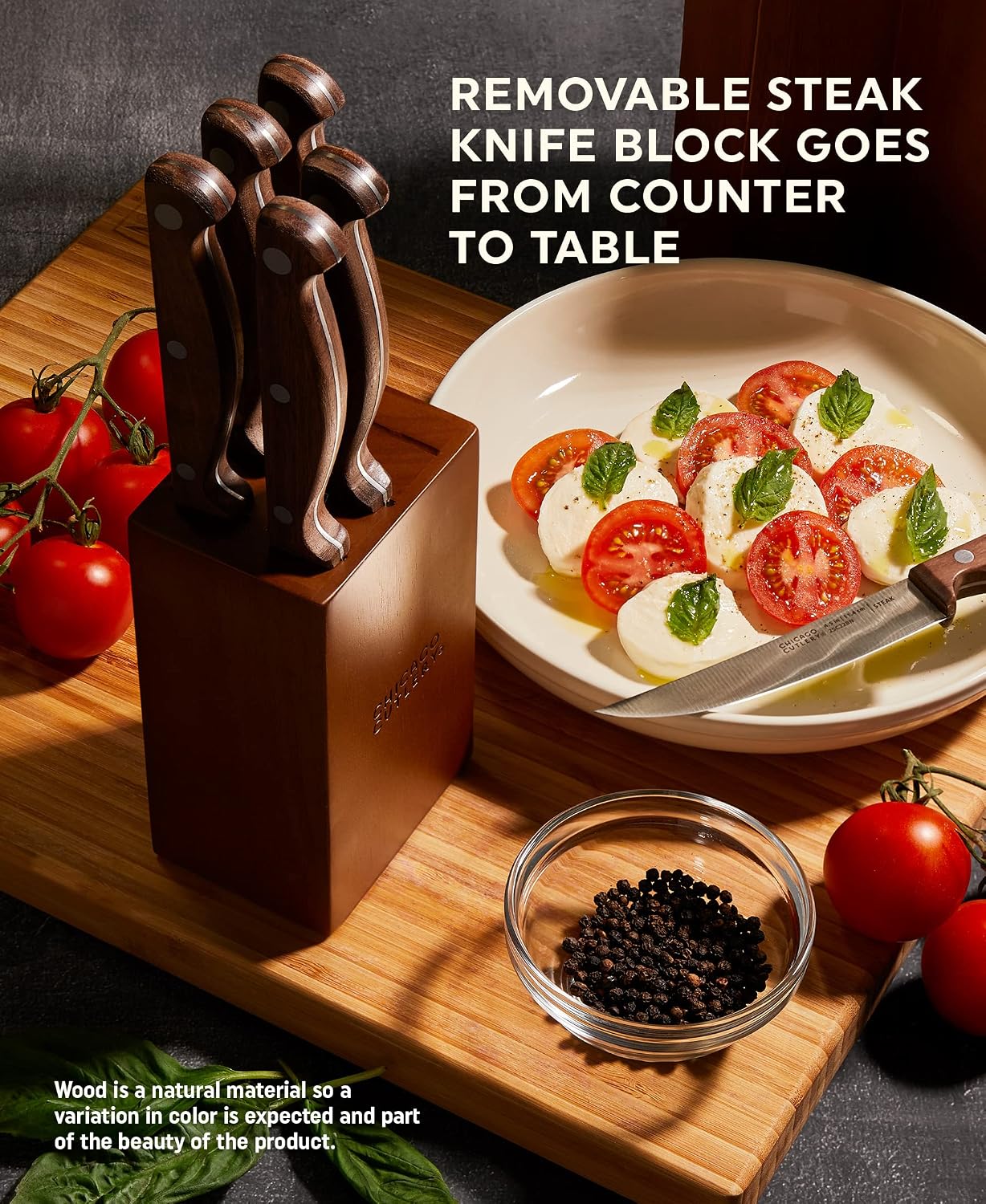 Chicago Cutlery Racine 12-PC Kitchen Knife Wood Block Set, Stainless Steel Knife Block Set, Steak Knives, Serrated, Chef, Utility, and Paring Knife, Removable Steak Knife Block, Walnut Handle