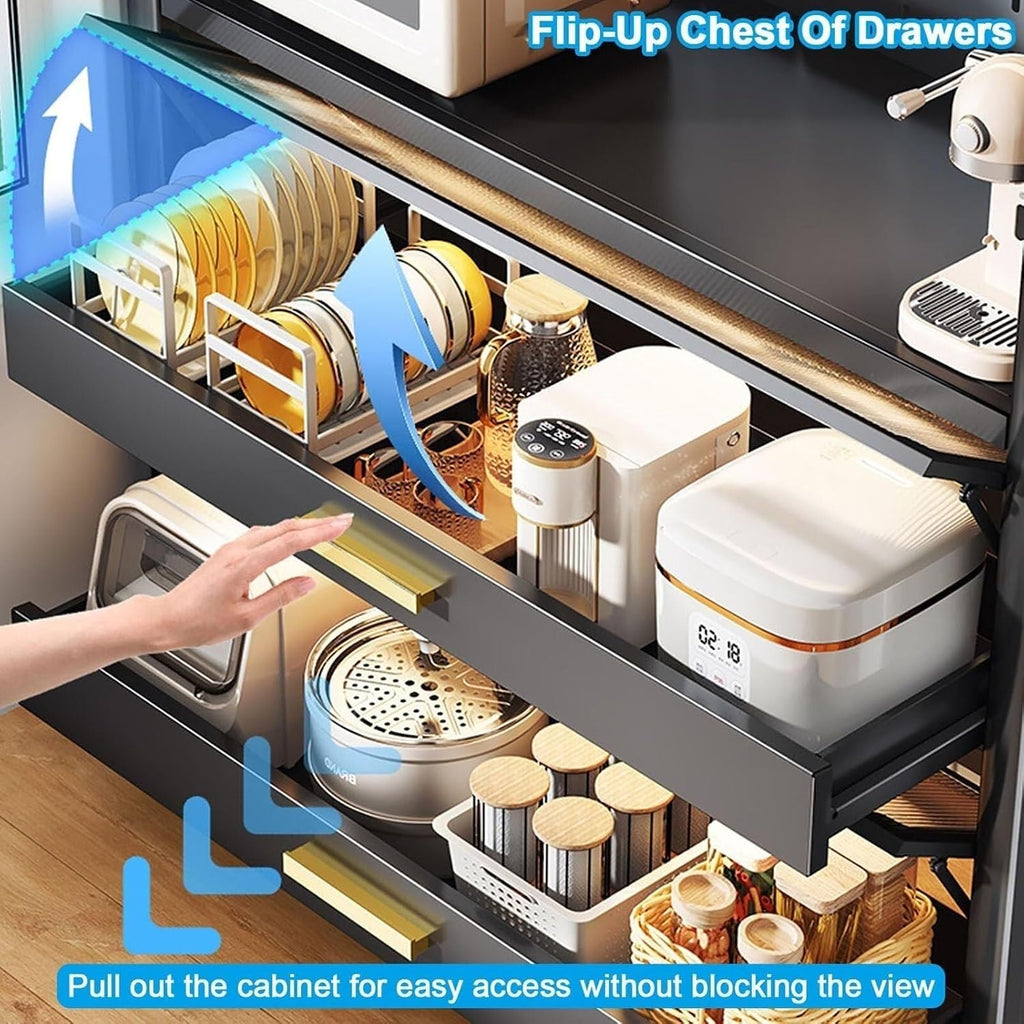 5-Tier Kitchen Baker's Rack with Flip Doors & Pull-Out Drawer, Metal Microwave Stand, Versatile Storage Shelves for Pantry, Coffee Makers, and More-82cm/32in