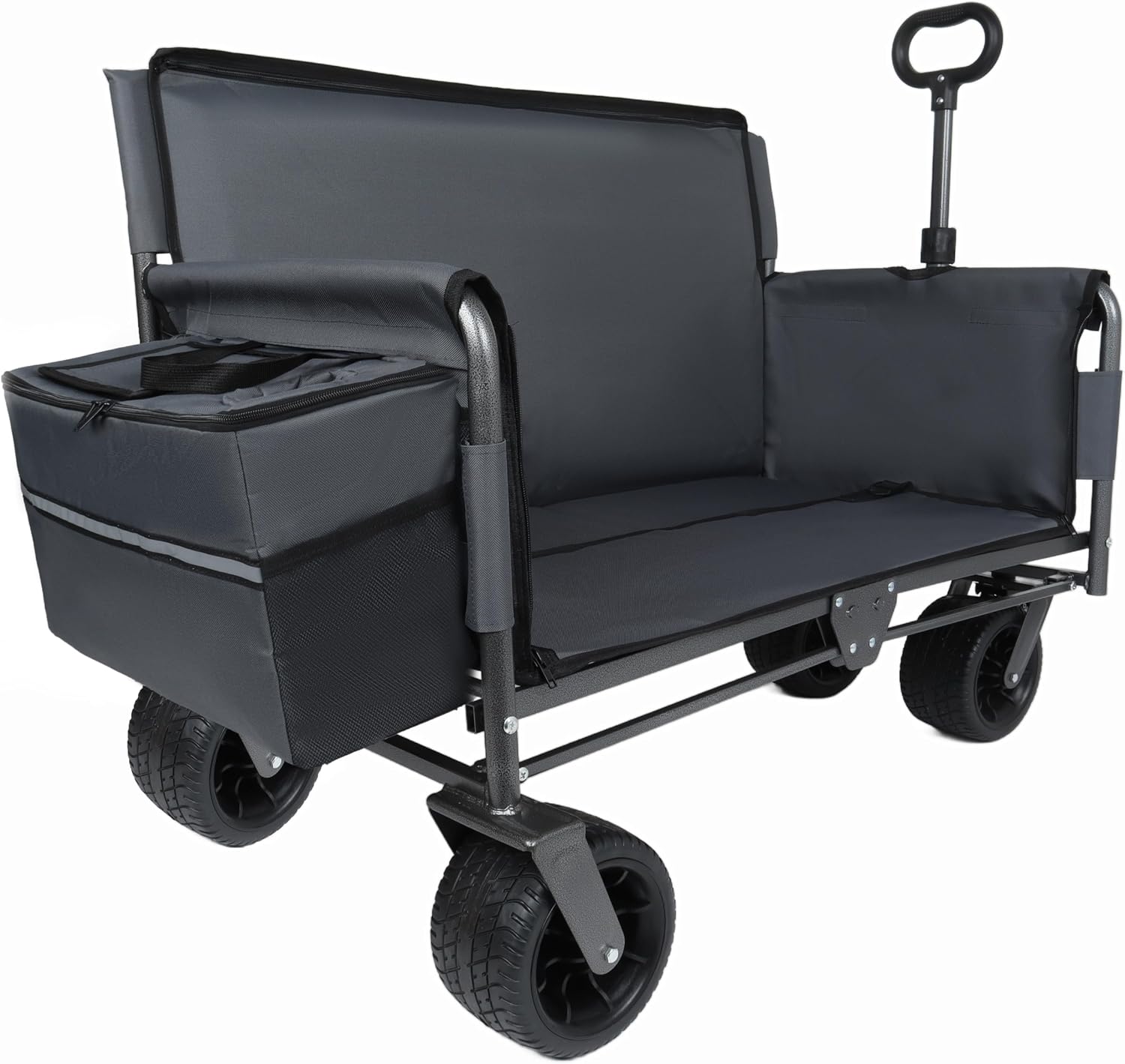Gray Collapsible Wagon with Bench Seat, Handle & All-Terrain Wheels, Steel Frame, Folding Camping Cart for Beach, Sports, Lawn, 37x24.02x40.94 in