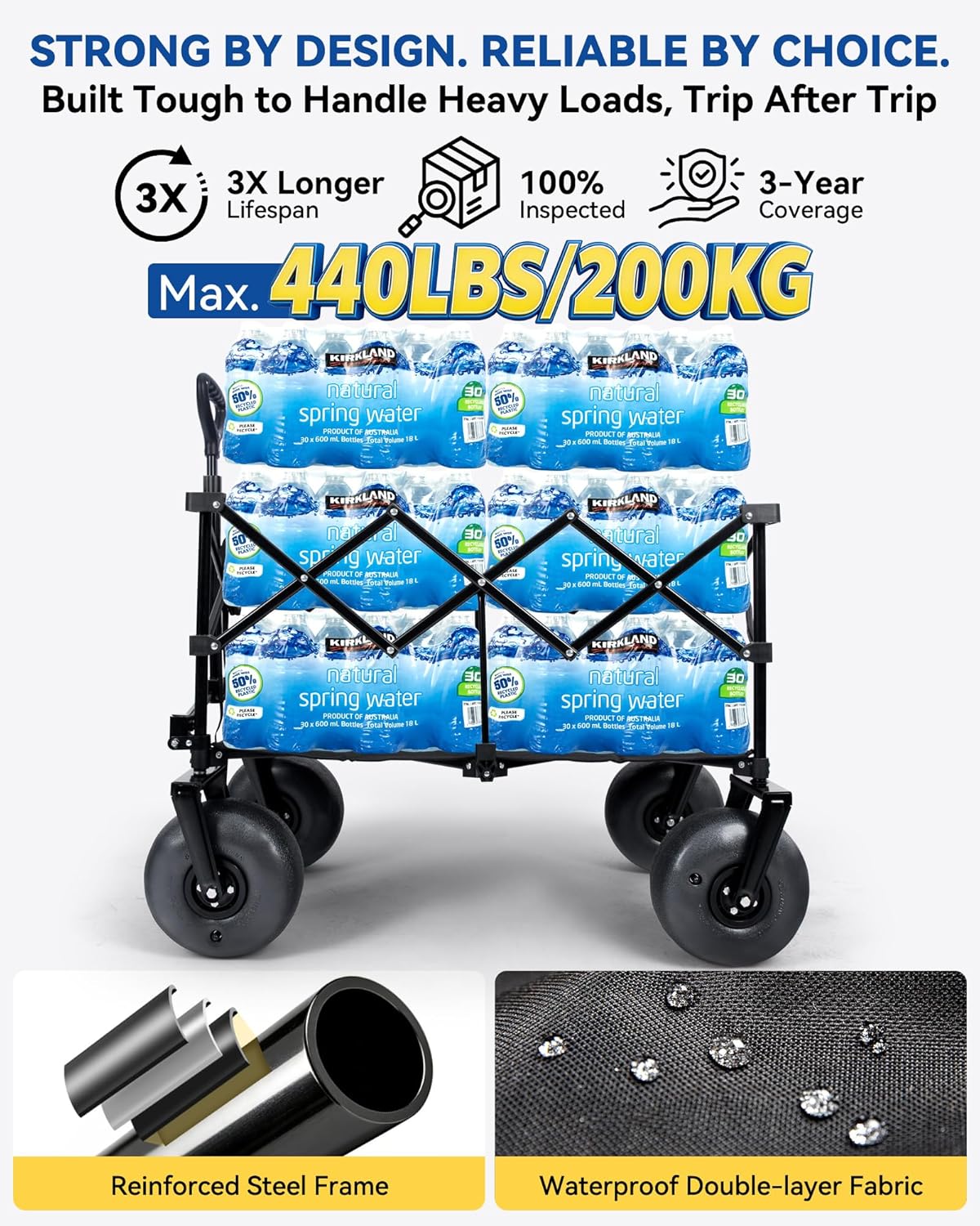 Hikenture Beach Wagon with Balloon Wheels, 9' PU Tires Collapsible Wagon, 440lbs Heavy Duty Beach Cart with Big Wheels for Sand, Large Capacity Utility Wagons Carts