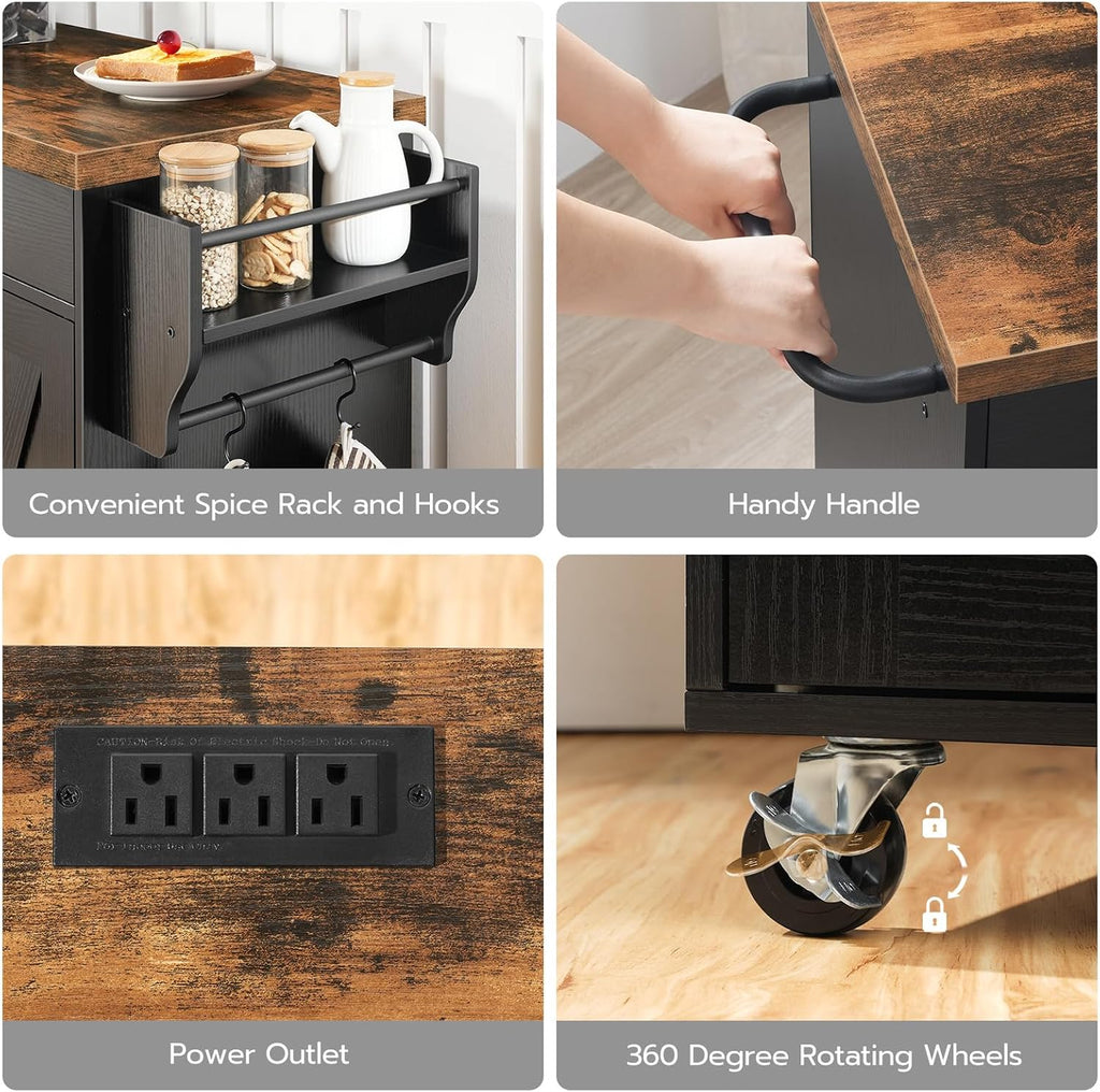 HOOBRO Kitchen Island with Power Outlet, Rolling Kitchen Island with Storage, Kitchen Island Cart with Spice Rack and Hooks, Island Table for Living Room, Rustic Brown and Black BF11UZD01