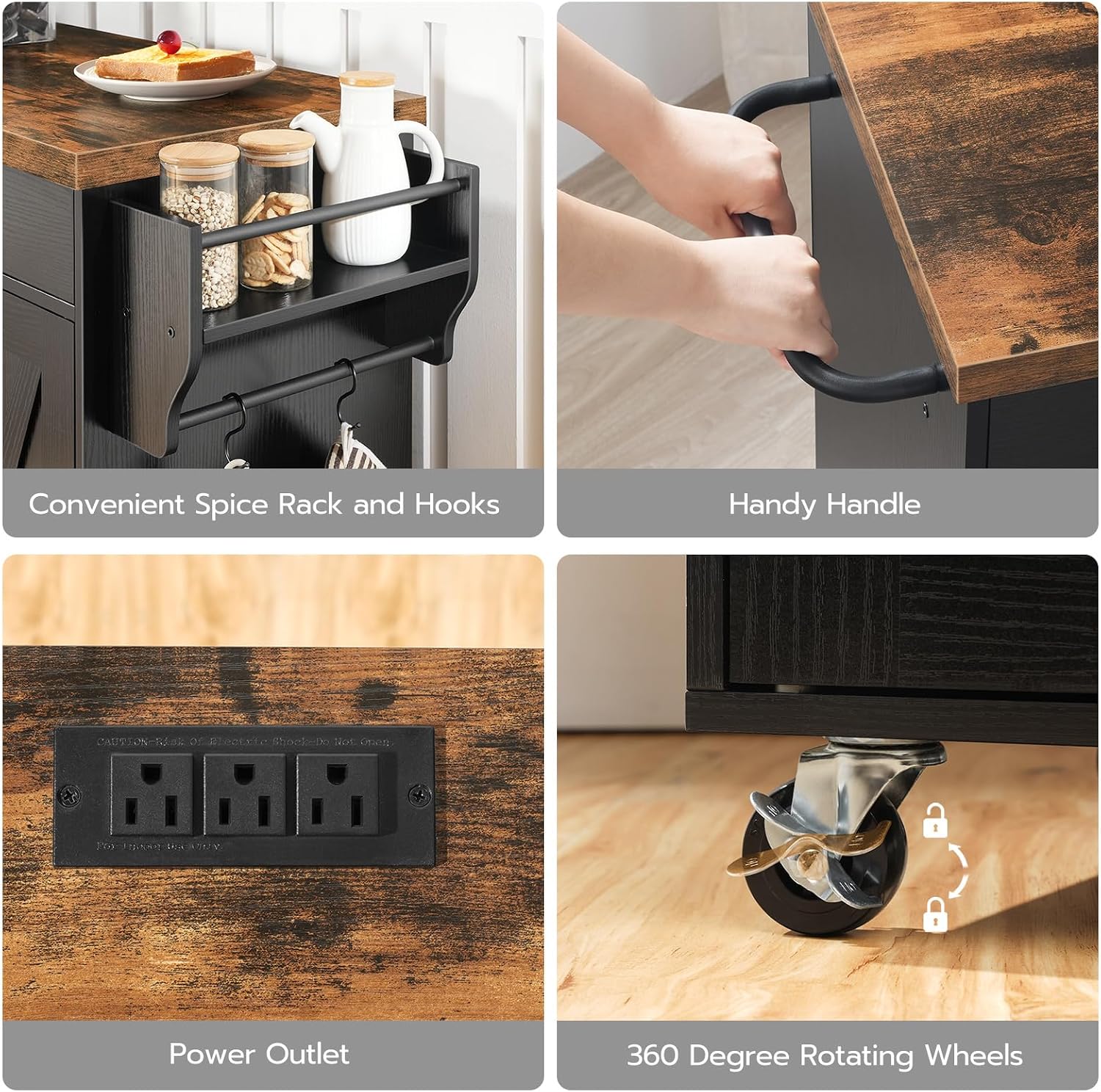 HOOBRO Kitchen Island with Power Outlet, Rolling Kitchen Island with Storage, Kitchen Island Cart with Spice Rack and Hooks, Island Table for Living Room, Rustic Brown and Black BF11UZD01