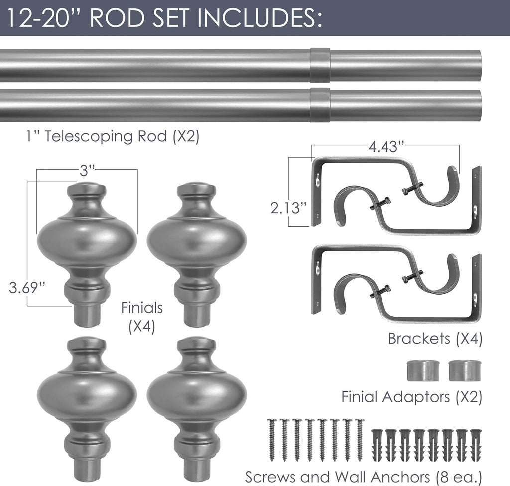 Cardiff 12-20 Inch Adjustable Side Curtain Rod Set Pair, 1 Inch Diameter in Black (Pack of 4)