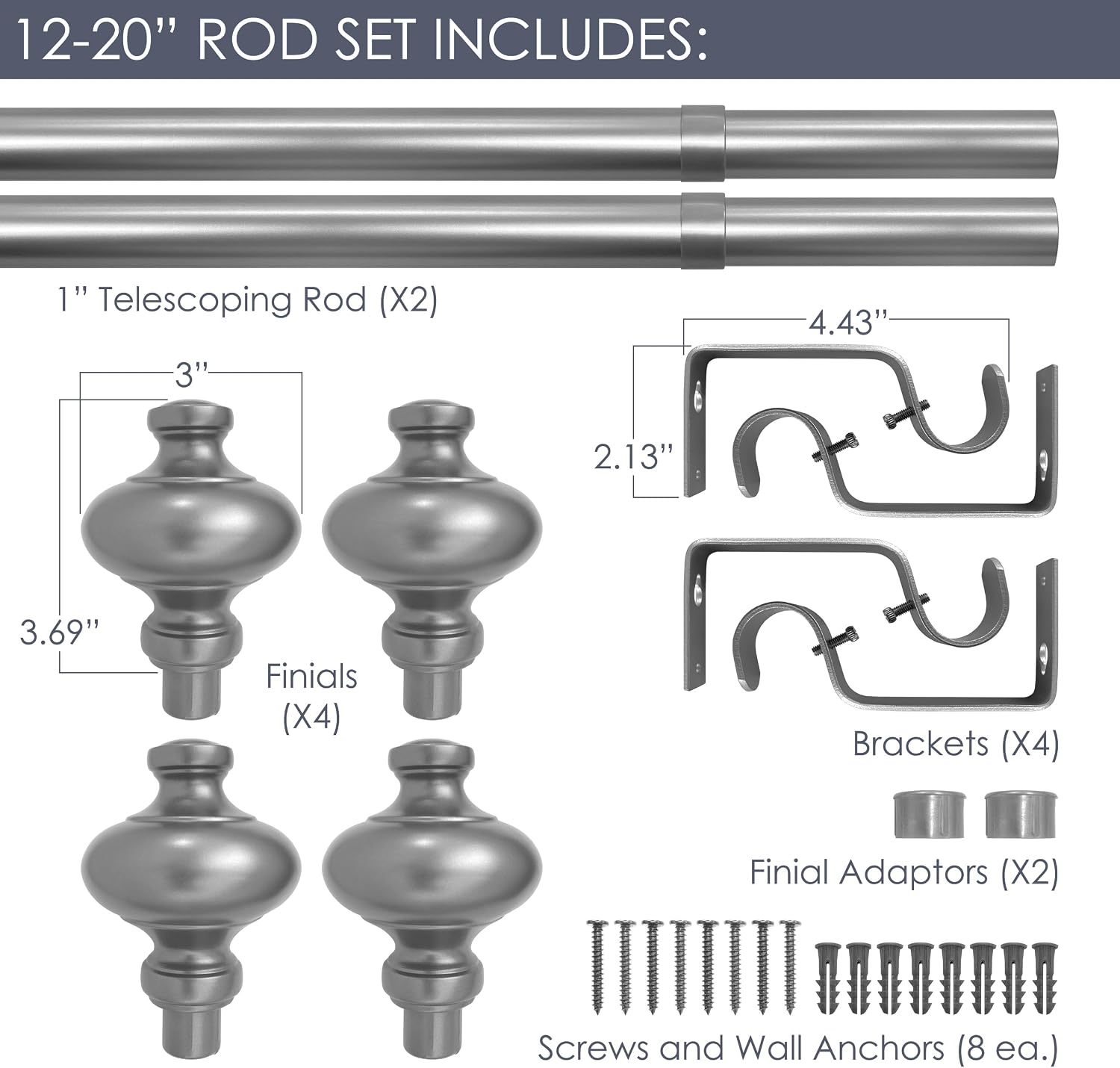 Cardiff 12-20 Inch Adjustable Side Curtain Rod Set Pair, 1 Inch Diameter in Black (Pack of 4)