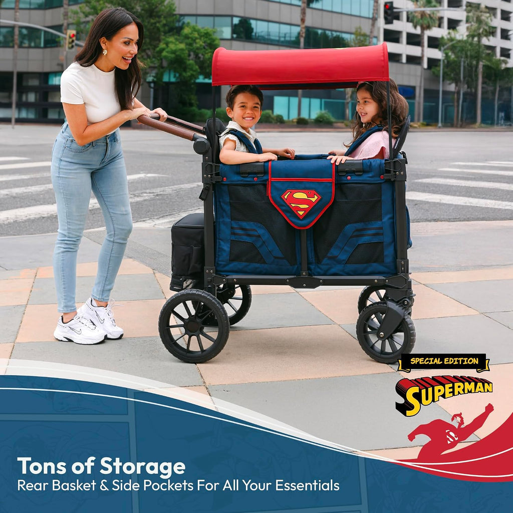 WONDERFOLD W2 Elite Pro Special Edition Superman Stroller Wagon (2 Seater) - Collapsible Wagon Stroller with Seats with 5-Point Harnesses, Easy Access Zipper Door, and Removable Sun Canopy
