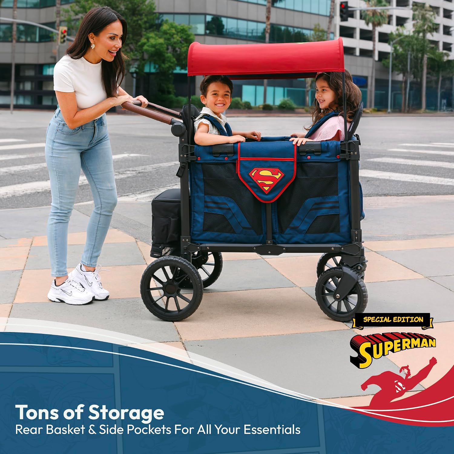 WONDERFOLD W2 Elite Pro Special Edition Superman Stroller Wagon (2 Seater) - Collapsible Wagon Stroller with Seats with 5-Point Harnesses, Easy Access Zipper Door, and Removable Sun Canopy