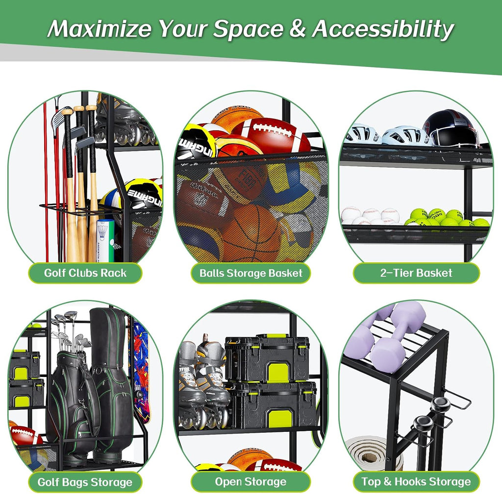 Large Sports Organizer for Garage, Ball Storage Rack Garage Sports Equipment Organizer with Side Racks, Baskets, Hooks, Multi-Purpose Golf Gear Storage for Gym Indoor Outdoor
