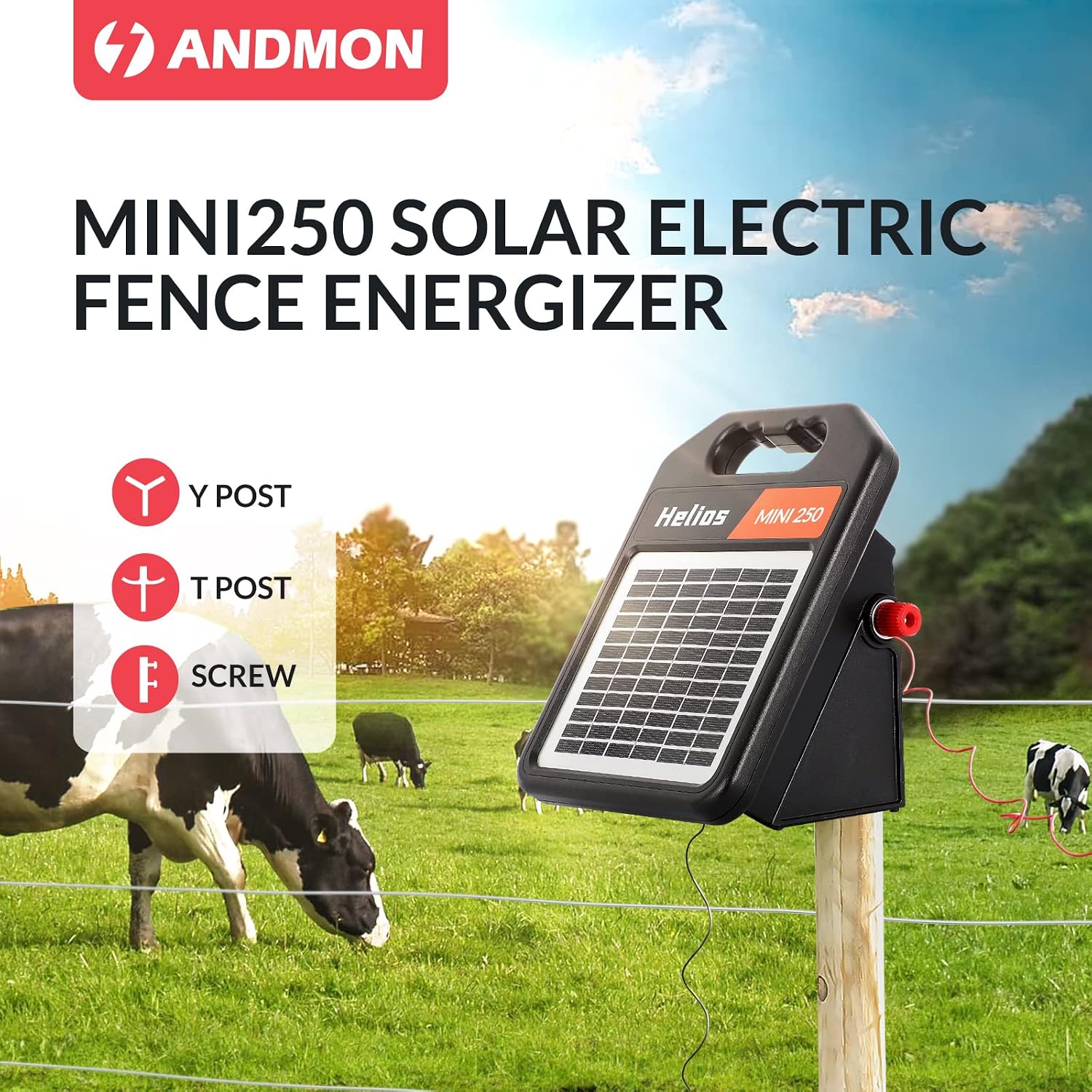 Andmon MINI250 Solar Electric Fence Charger with Day or Night Mode, 0.25Joule Portable Solar Fence Charger