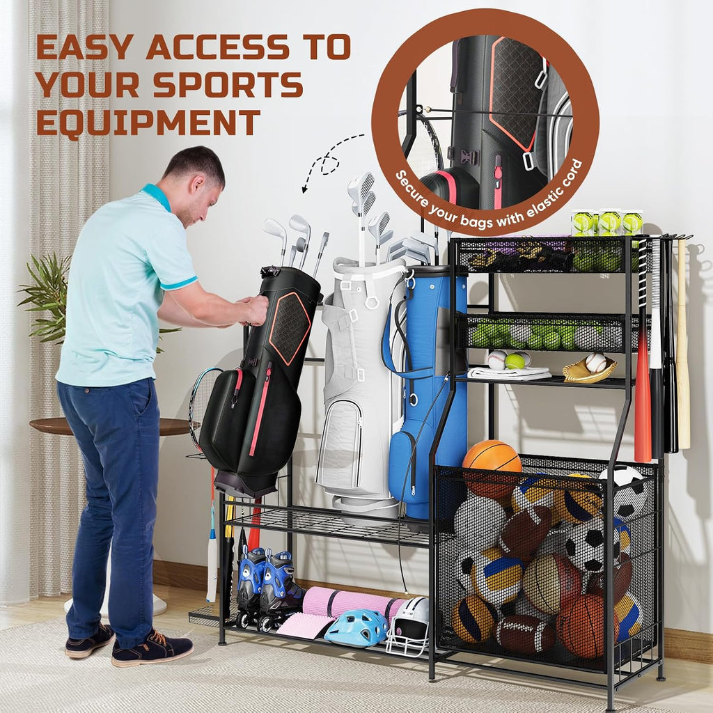 Garage Sports Equipment Organizer,3 Golf Bags Storage Stand,Heavy-Duty Ball Storage Rack with Basket and Hooks,Space-Saving Design for Toy Sports Gear Storage Indoor/Outdoor Use