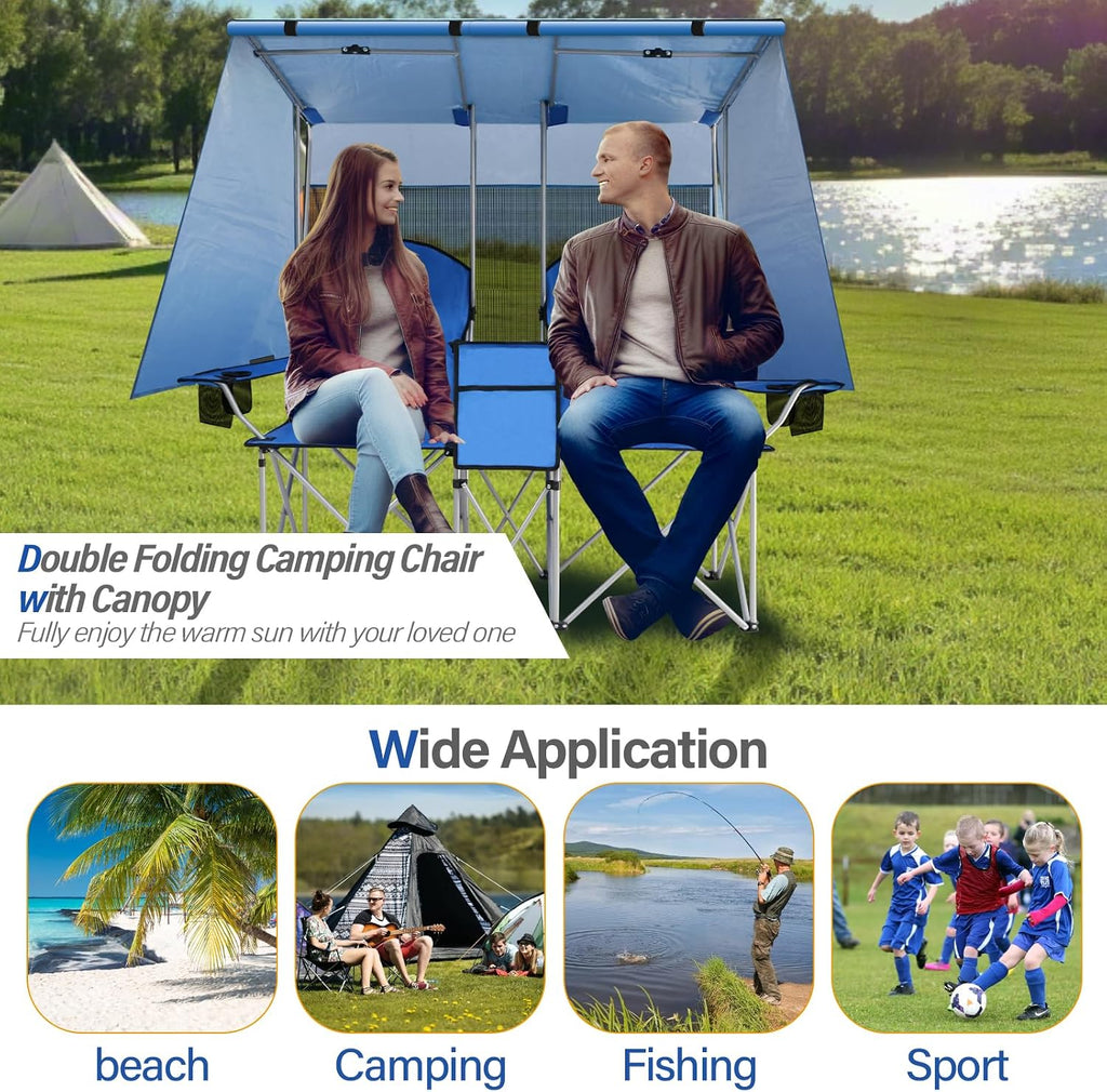 BDL Double Camping Chair with Canopy, Two Person Folding Loveseat with Shade, Heavy Duty Beach Chair with Cooler Bag, Cup Holder for Outside, Fishing, Sports, Beach-Sky Blue