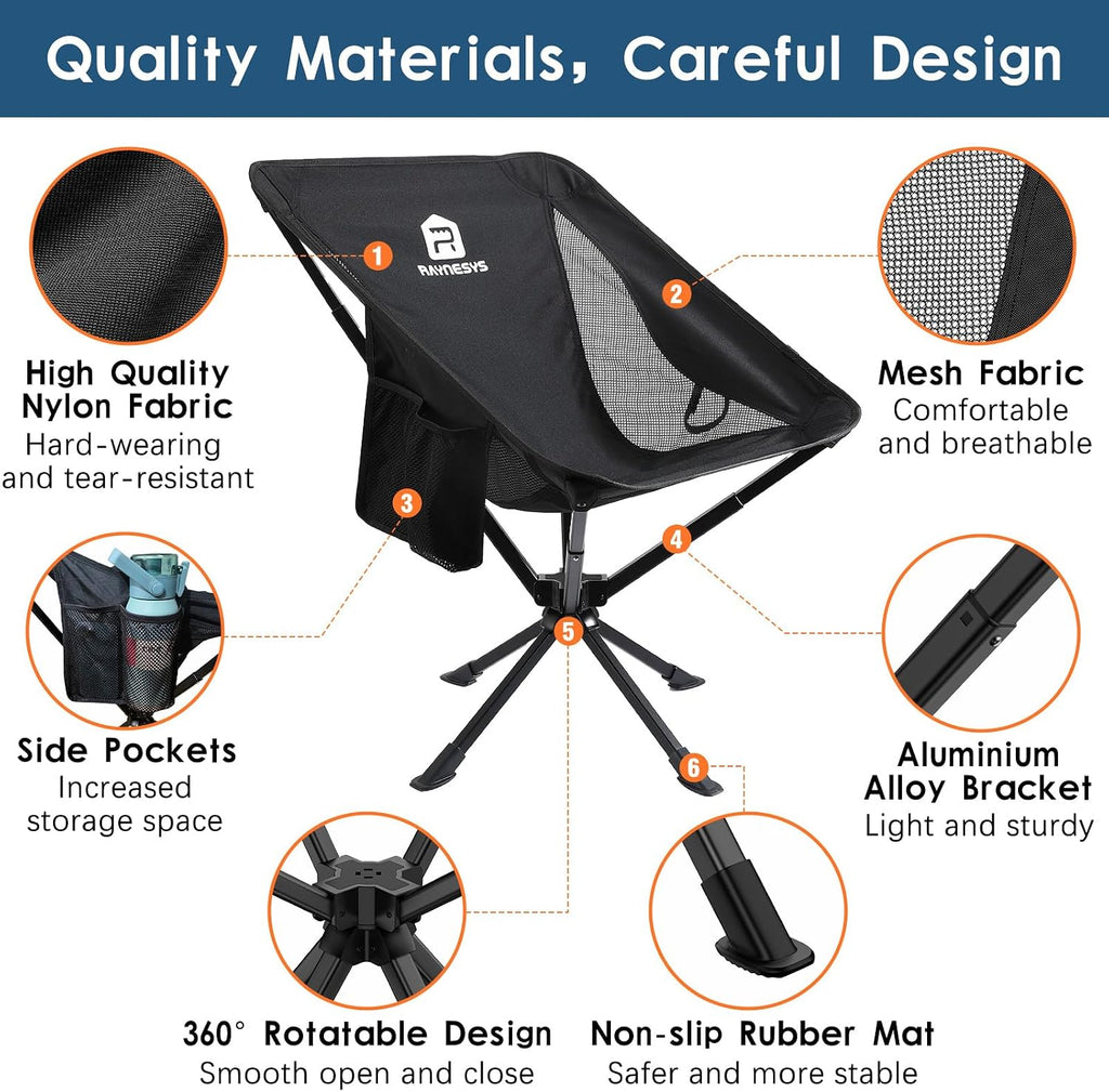 Raynesys Portable Camping Chair 2 Pack, 8 Seconds Quick Setup Folding Camping Chair, Flexible 360° Rotation, 3.8Lb Lightweight Travel Chairs for Easy Carry to Hiking, Sporting, Travel, Beach
