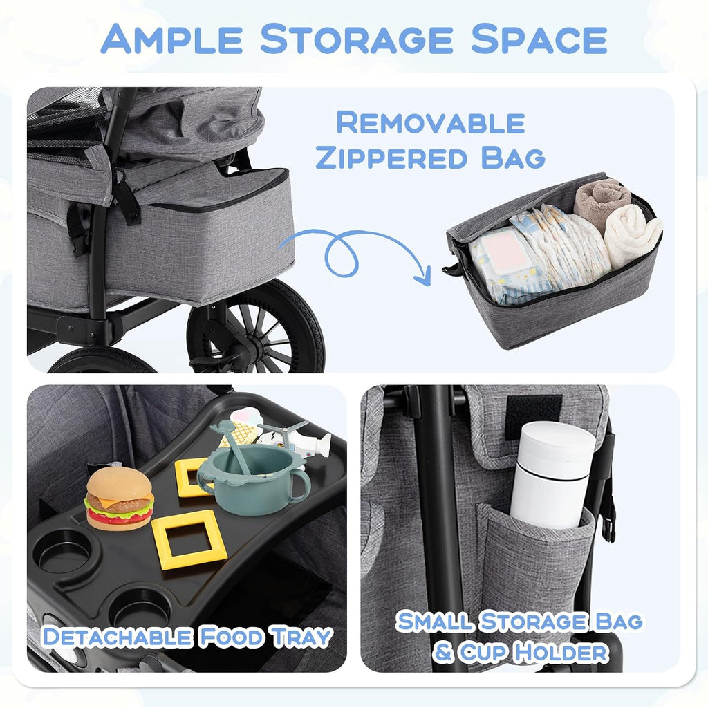 HONEY JOY Wagon Stroller for 2 Kids, 2 Seater Toddler Quad Stroller Wagon, Adjustable Push/Pull Handle Bar, Drop-Down Footwell & Upholstered Seats, Collapsible Kids Wagon with Canopy(Gray)