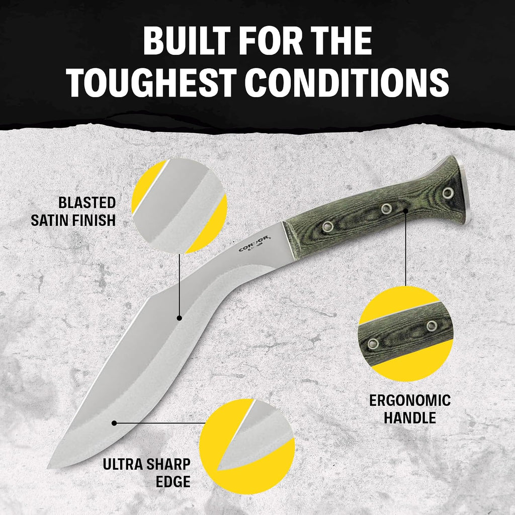 Condor Tool & Knife K-tact Kukri Knife - 1075 High Carbon Steel - Gardening Machete - Micarta Handle - Kydex with Leather Belt Loop Sheath - 6mm Thick - 10in Blade - 32.4oz